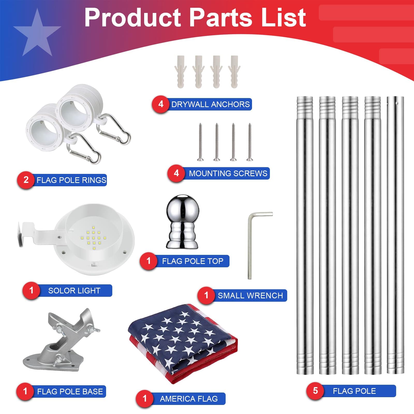 Silver 6ft American Flag Pole Kit with Solar Light for Outside House, Outdoor Ta - Thumbnail 2