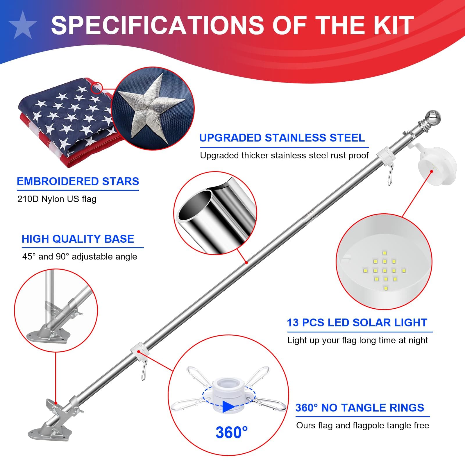 Silver 6ft American Flag Pole Kit with Solar Light for Outside House, Outdoor Ta - Thumbnail 8