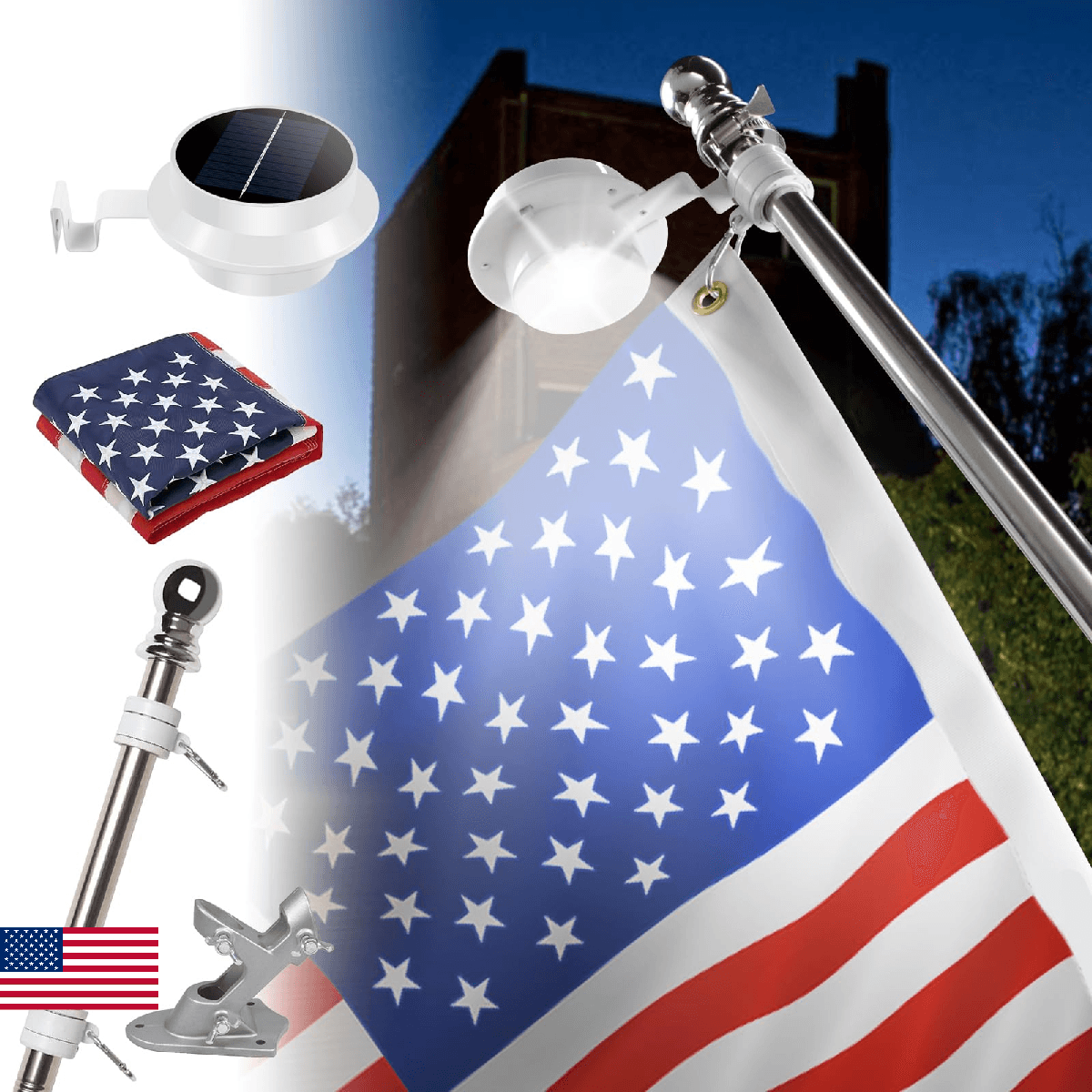 Silver 6ft American Flag Pole Kit with Solar Light for Outside House, Outdoor Ta - Image 1