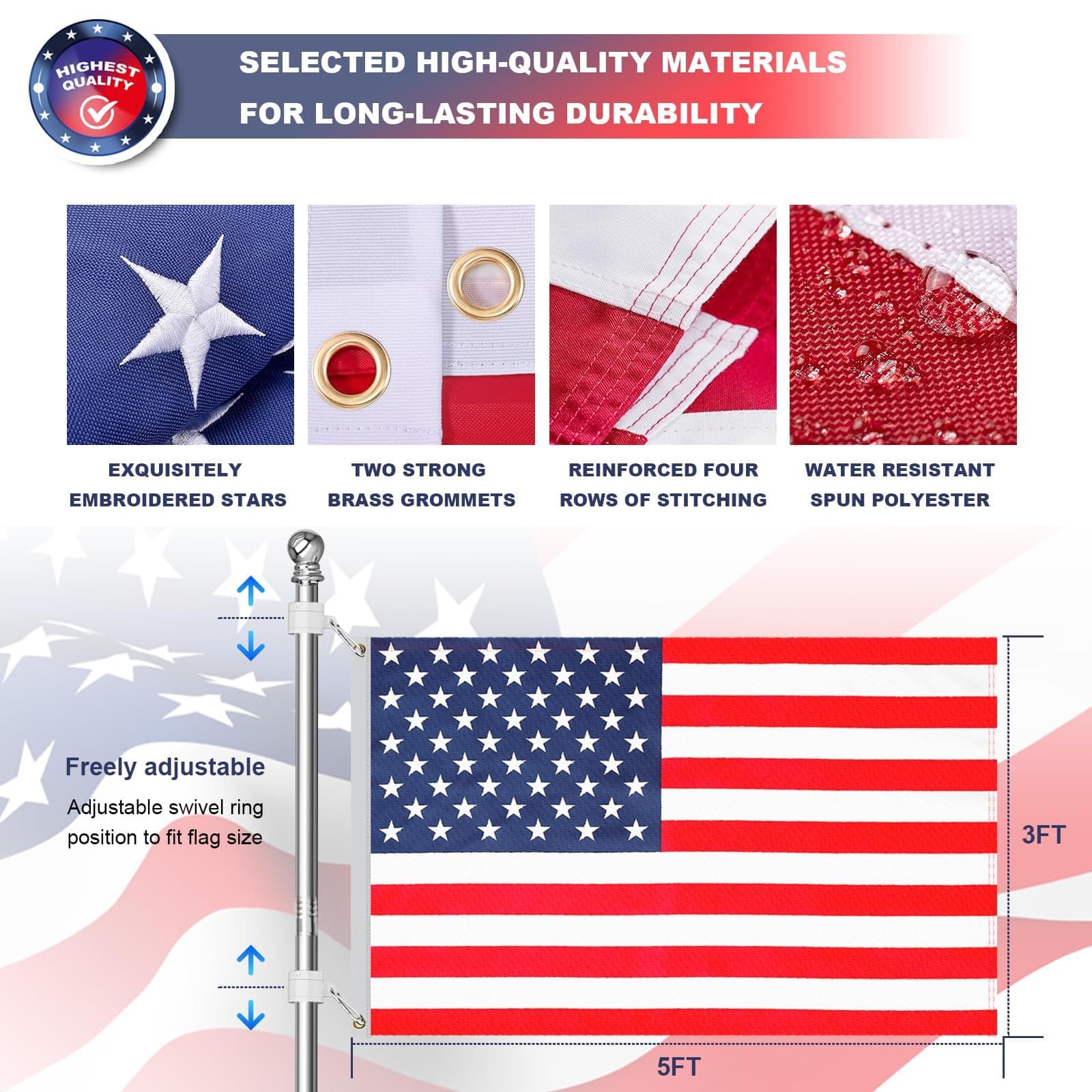 Silver 6ft American Flag Pole Kit with Solar Light for Outside House, Outdoor Ta - Thumbnail 3