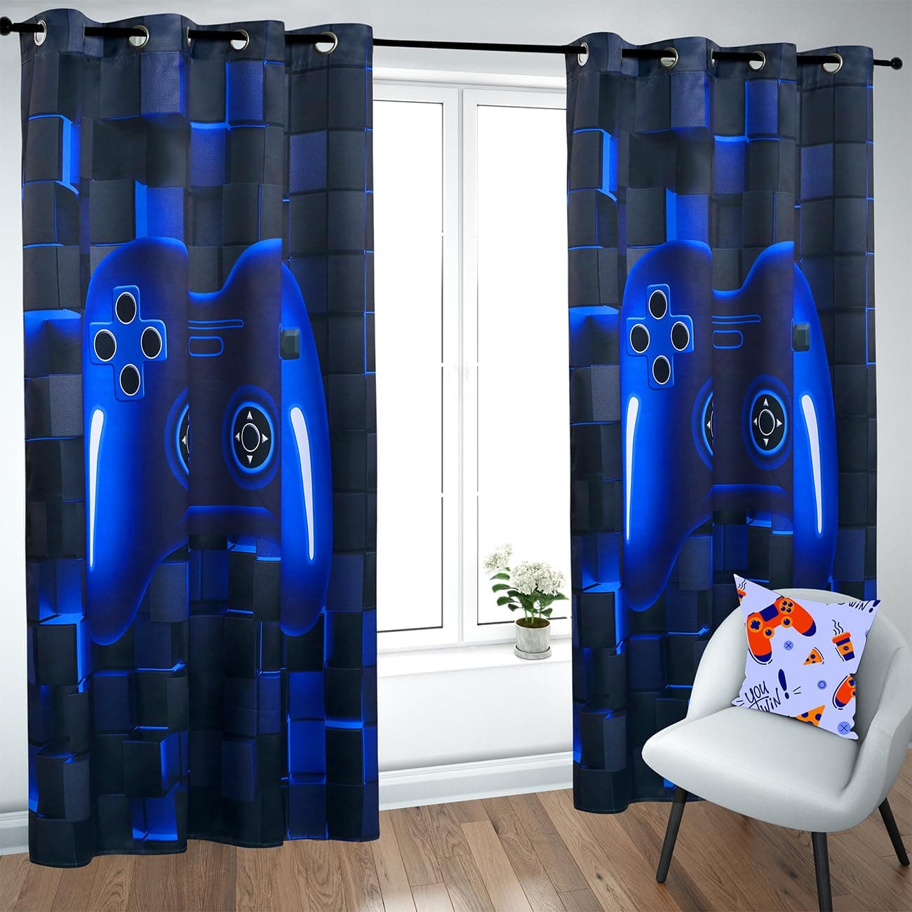 PERFEMET Gamer Kids Curtains for Bedroom 2 Panels-Black Blue Video Game Console - Thumbnail 2