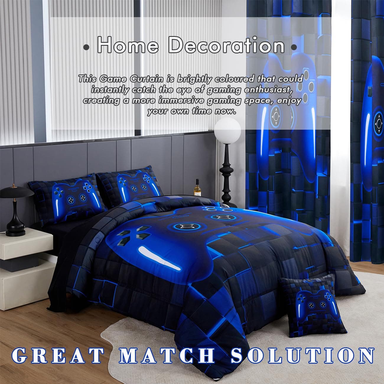 PERFEMET Gamer Kids Curtains for Bedroom 2 Panels-Black Blue Video Game Console - Thumbnail 7