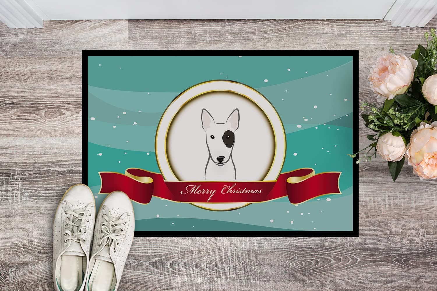 Caroline's Treasures BB1519MAT Bull Terrier Merry Christmas Doormat 18x27 Front - Thumbnail 2
