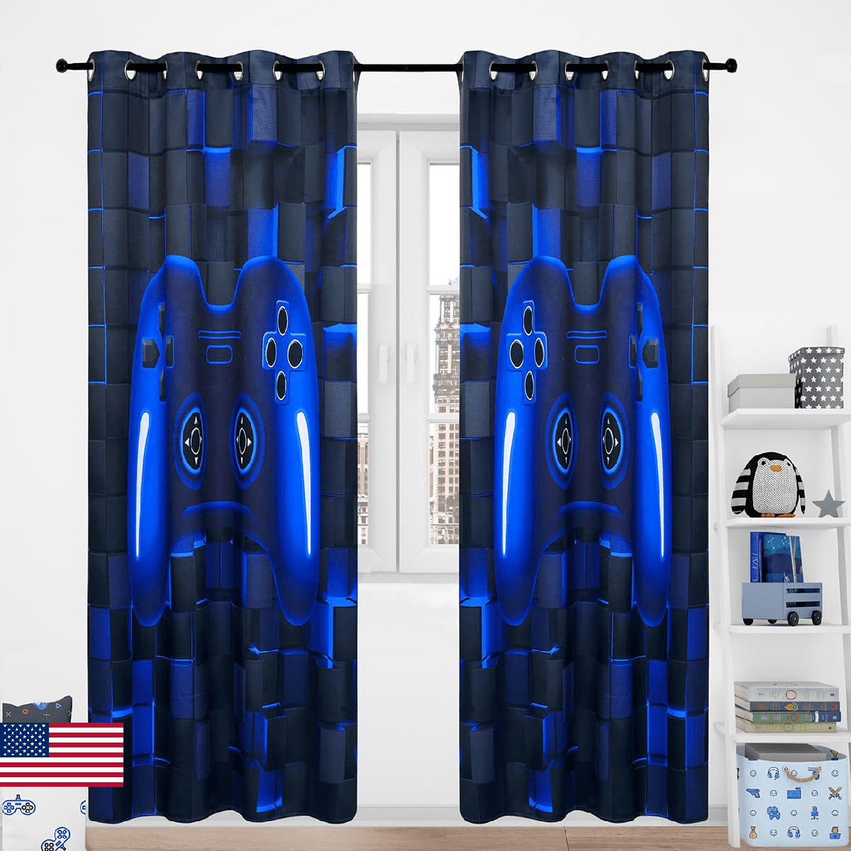 PERFEMET Gamer Kids Curtains for Bedroom 2 Panels-Black Blue Video Game Console - Image 1