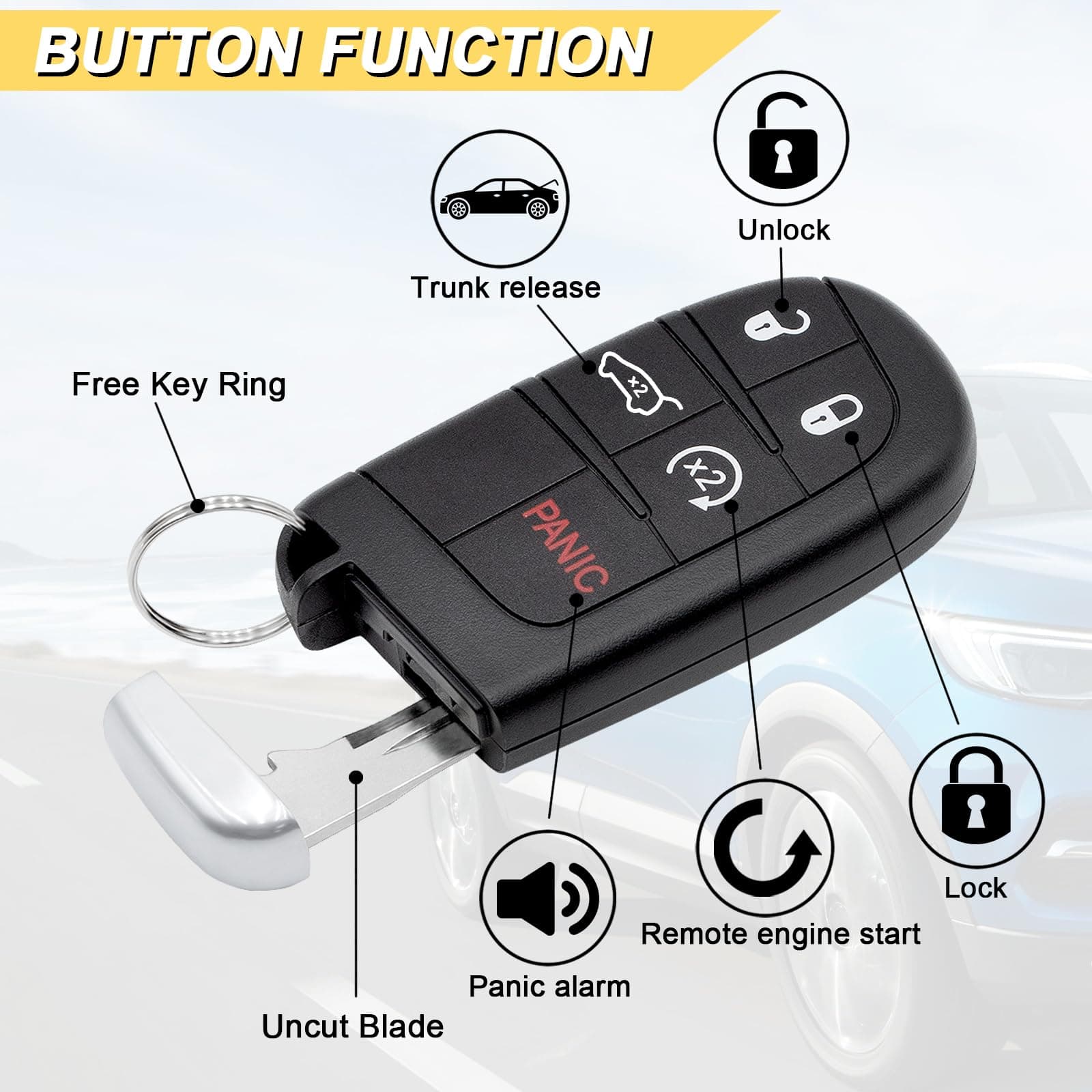 Vurkcy 5-Button Key Fob Replacement for 2014-2022 Jeep Grand Cherokee, 433 MHz, - Thumbnail 3