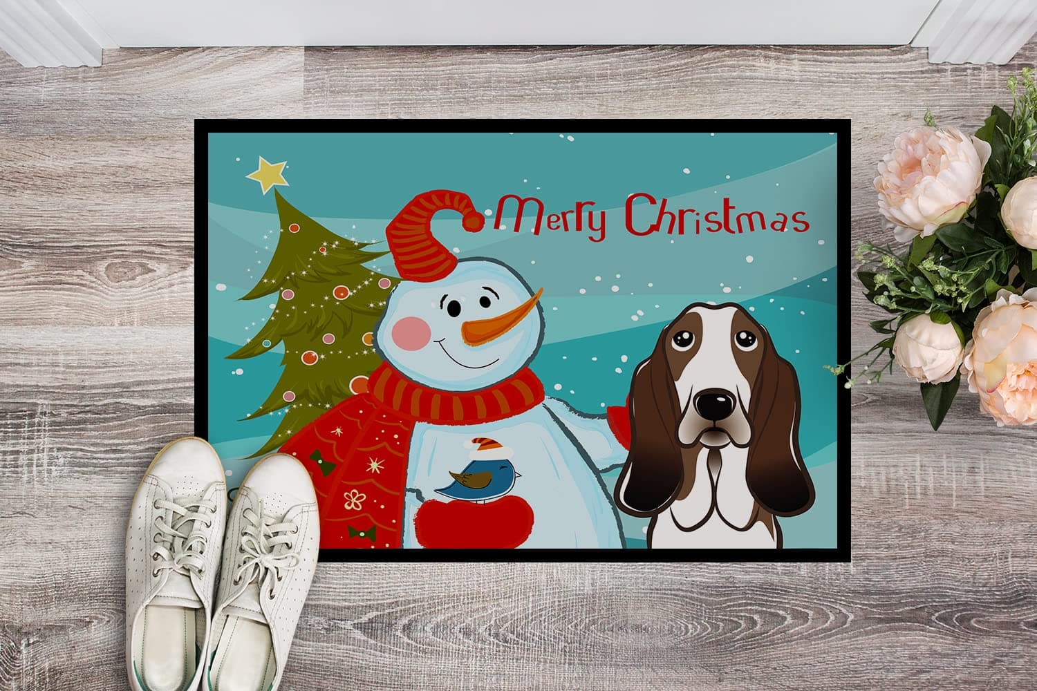 Caroline's Treasures BB1863JMAT Snowman with Basset Hound Doormat 24x36 Front Do - Thumbnail 2