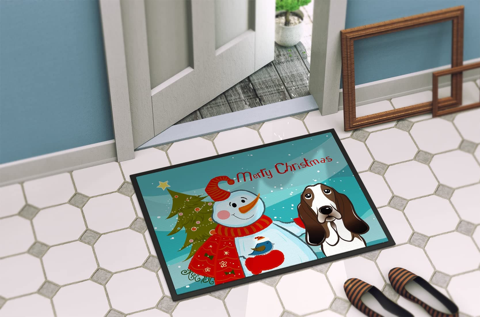 Caroline's Treasures BB1863JMAT Snowman with Basset Hound Doormat 24x36 Front Do - Thumbnail 4