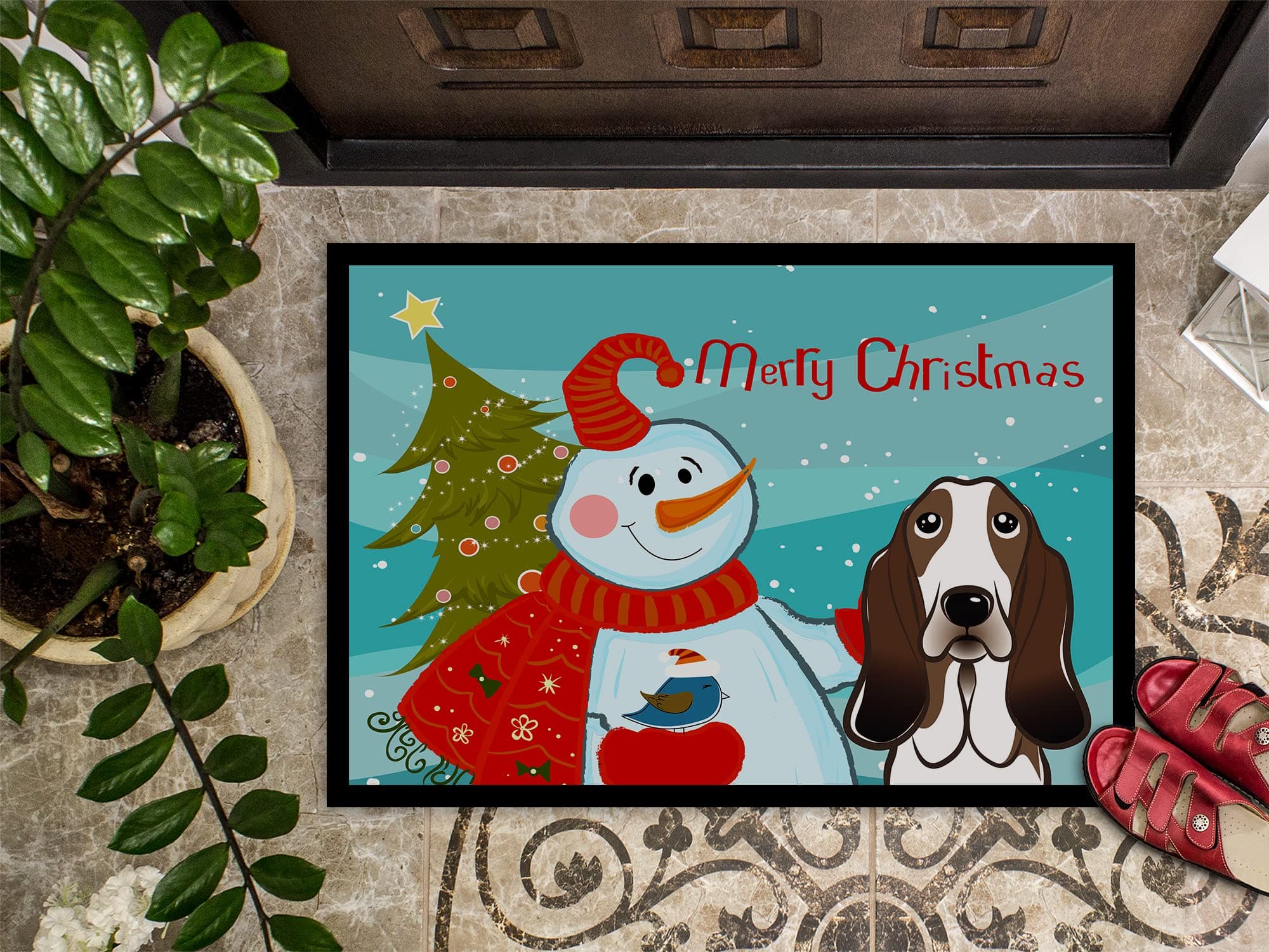Caroline's Treasures BB1863JMAT Snowman with Basset Hound Doormat 24x36 Front Do - Thumbnail 3