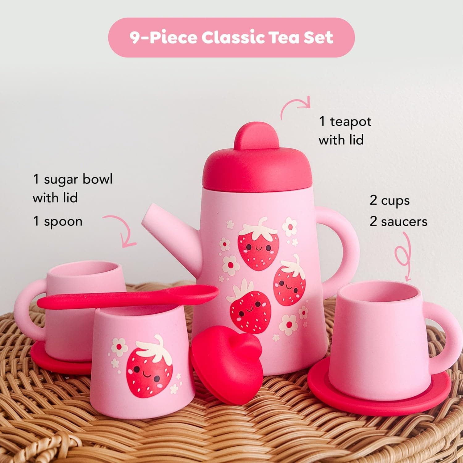 Tiger Tribe Silicone Tea Set for Kids - Strawberry Patch - 9-Piece Playset Inclu - Thumbnail 3