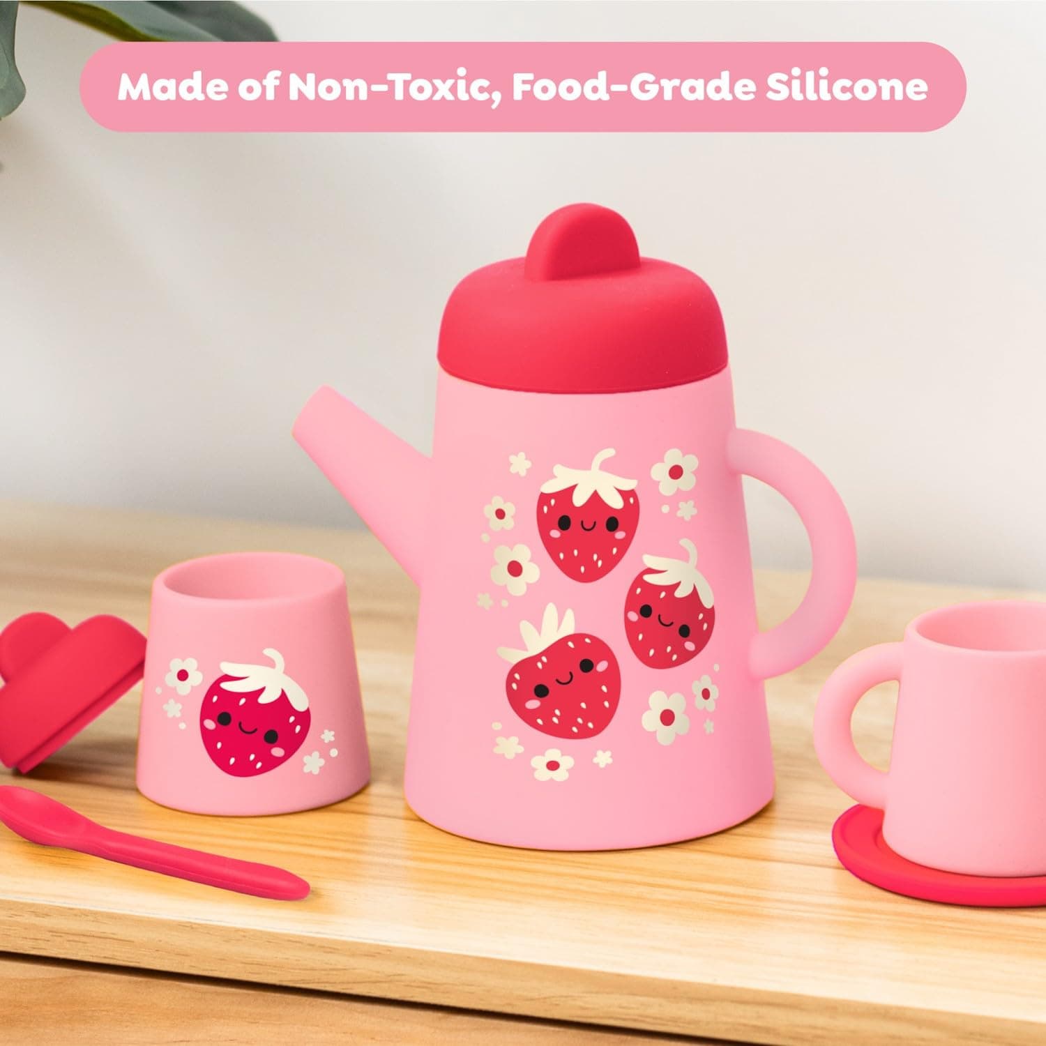 Tiger Tribe Silicone Tea Set for Kids - Strawberry Patch - 9-Piece Playset Inclu - Thumbnail 6
