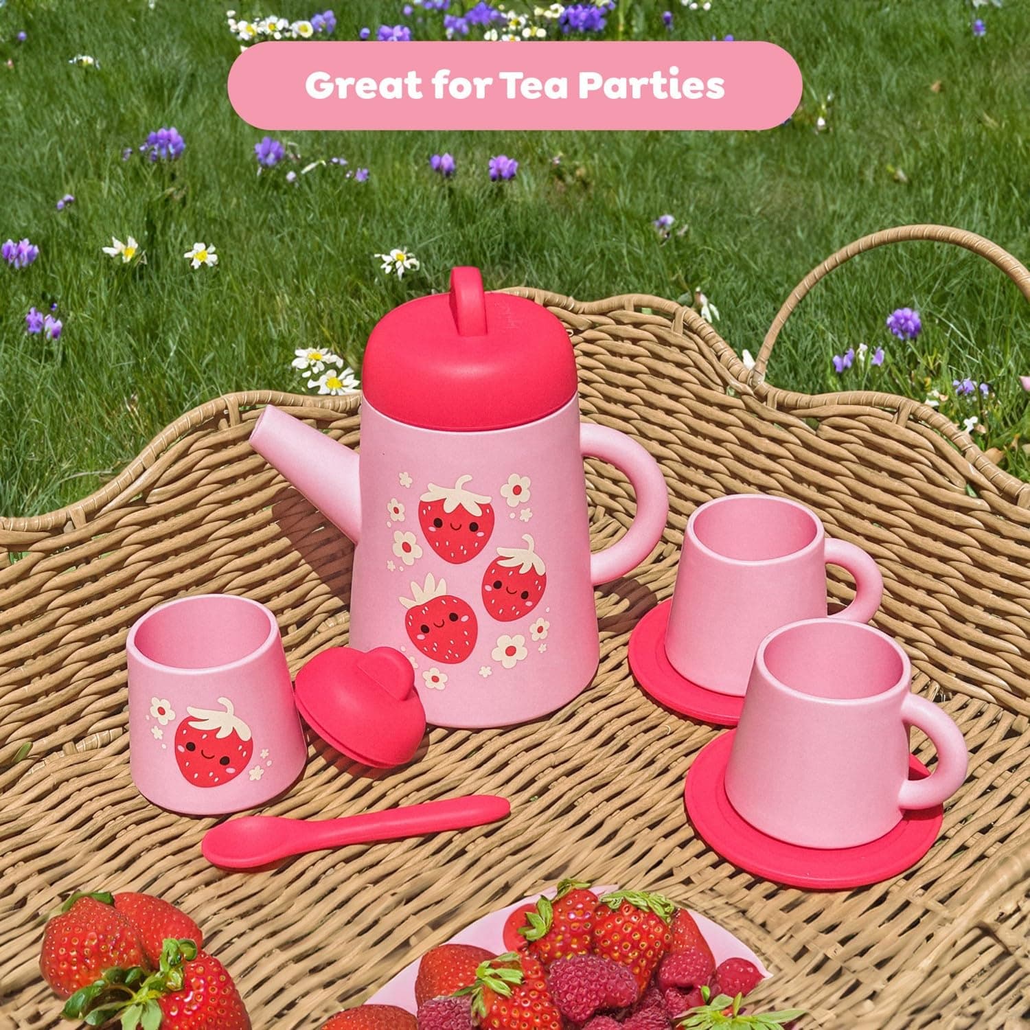 Tiger Tribe Silicone Tea Set for Kids - Strawberry Patch - 9-Piece Playset Inclu - Thumbnail 7