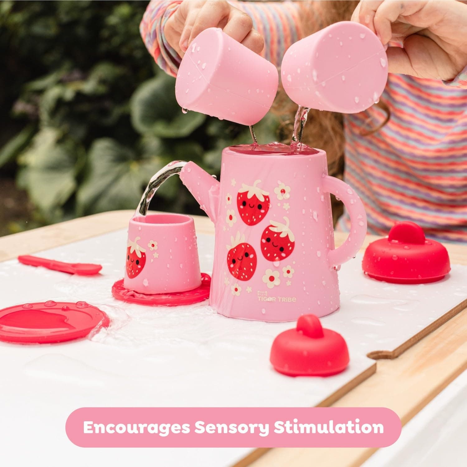Tiger Tribe Silicone Tea Set for Kids - Strawberry Patch - 9-Piece Playset Inclu - Thumbnail 5