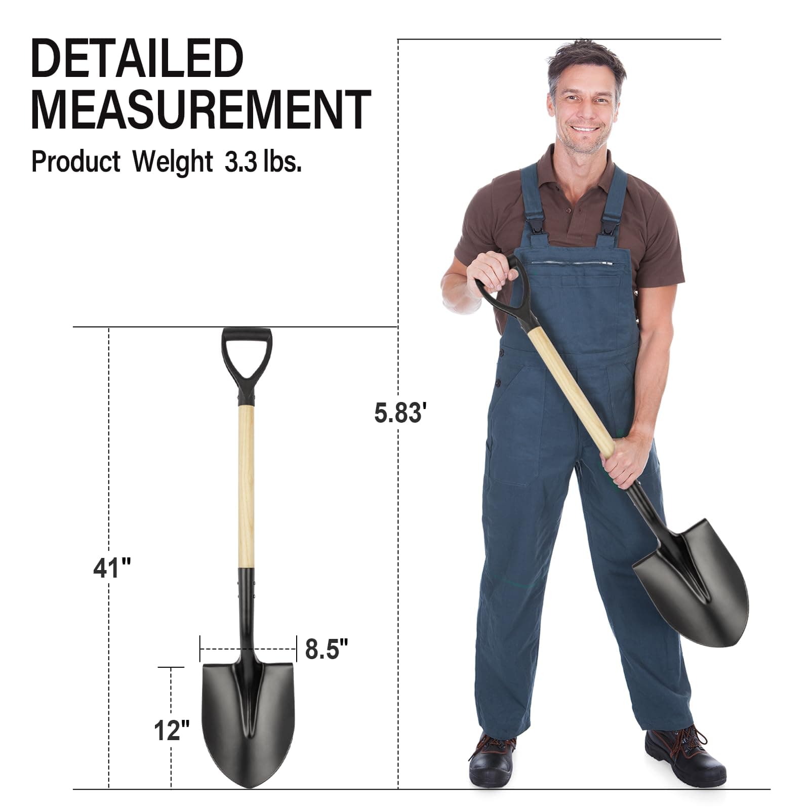 Round Digging Shovel w/ D-Handle, 41" Overall - Garden, Camp, Snow, Trenching To - Thumbnail 6