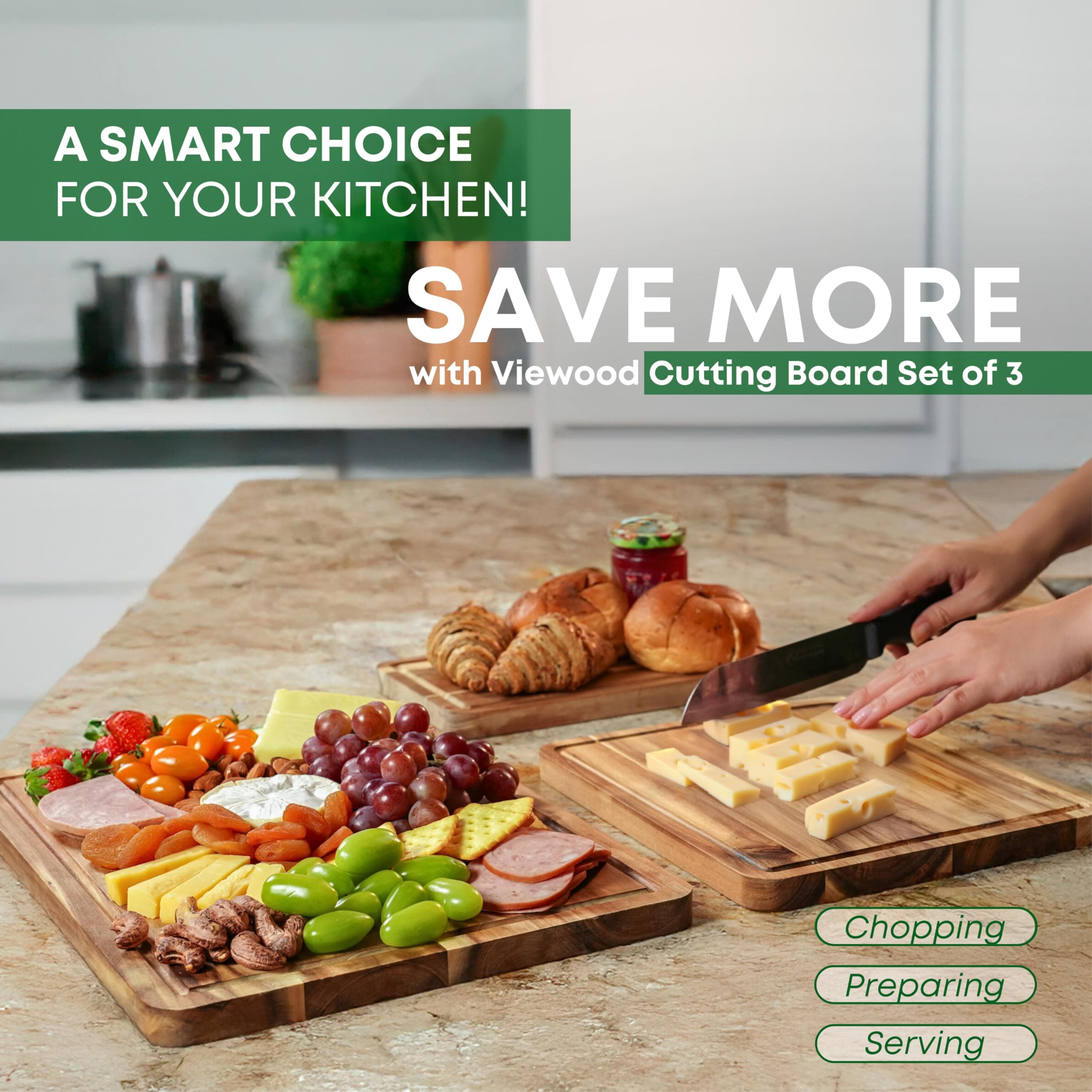 VieWood Acacia Wood Cutting Board Set of 3 - Prep, Serve, Charcuterie - Thumbnail 2