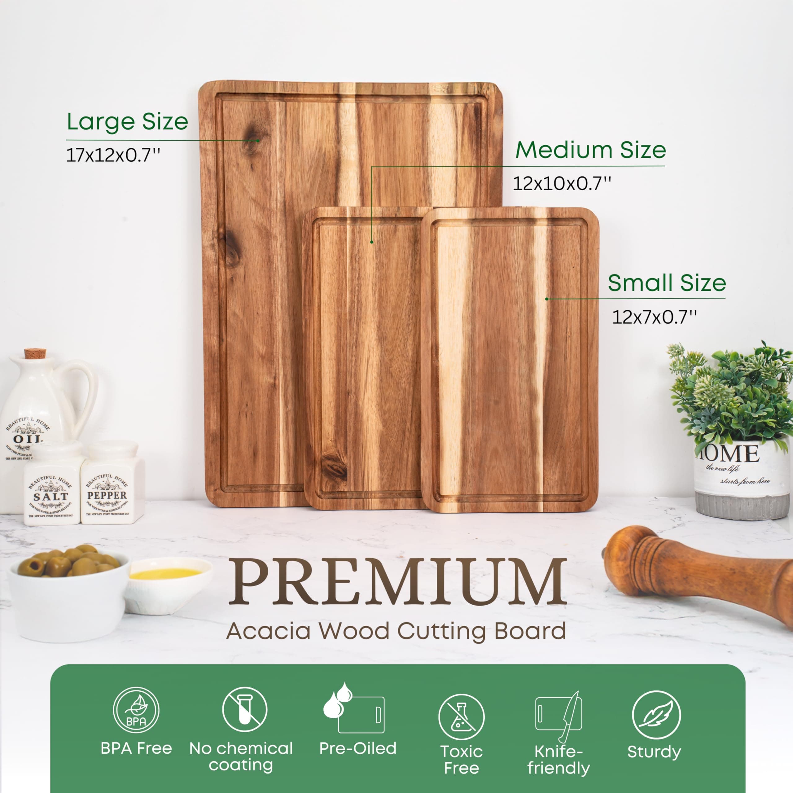 VieWood Acacia Wood Cutting Board Set of 3 - Prep, Serve, Charcuterie - Thumbnail 3