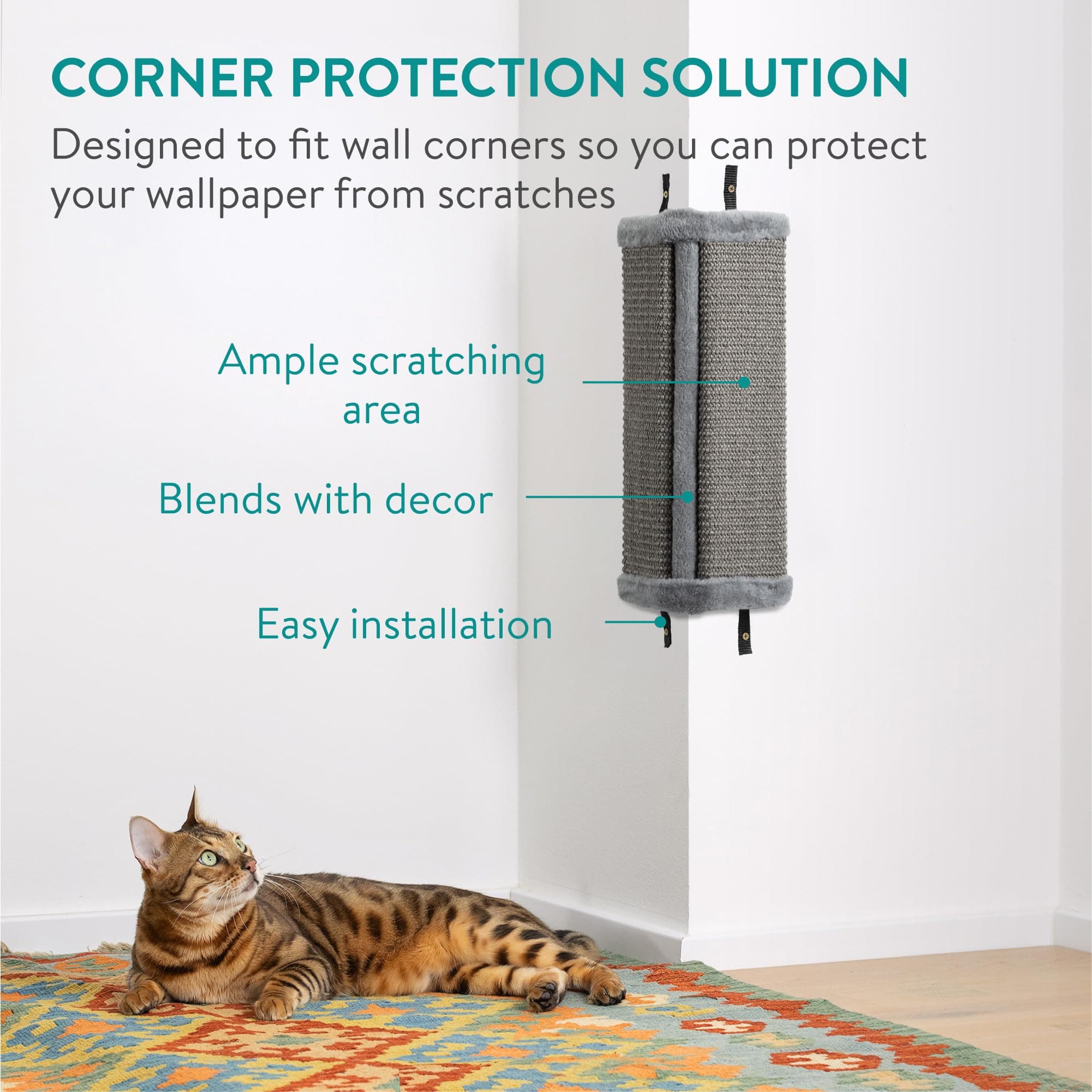 Navaris Wall Mounted Cat Corner Scratcher Set 2 Grey Durable Sisal Wall Mount wi - Thumbnail 4