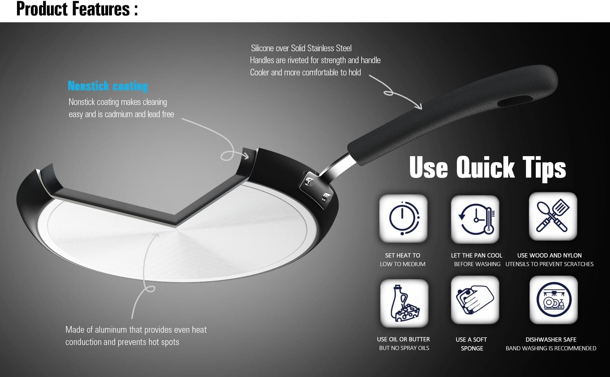 Cook N Home 10.25-Inch Nonstick Heavy Gauge Crepe Pancake Pan Griddle, 26cm, Bla - Thumbnail 5