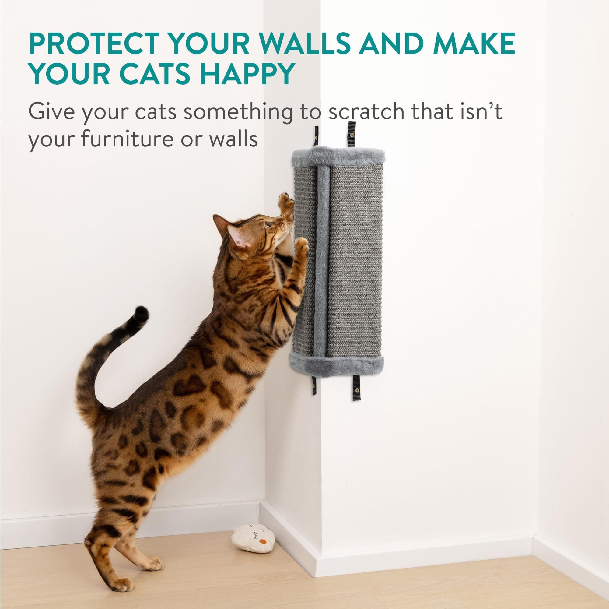 Navaris Wall Mounted Cat Corner Scratcher Set 2 Grey Durable Sisal Wall Mount wi - Thumbnail 2