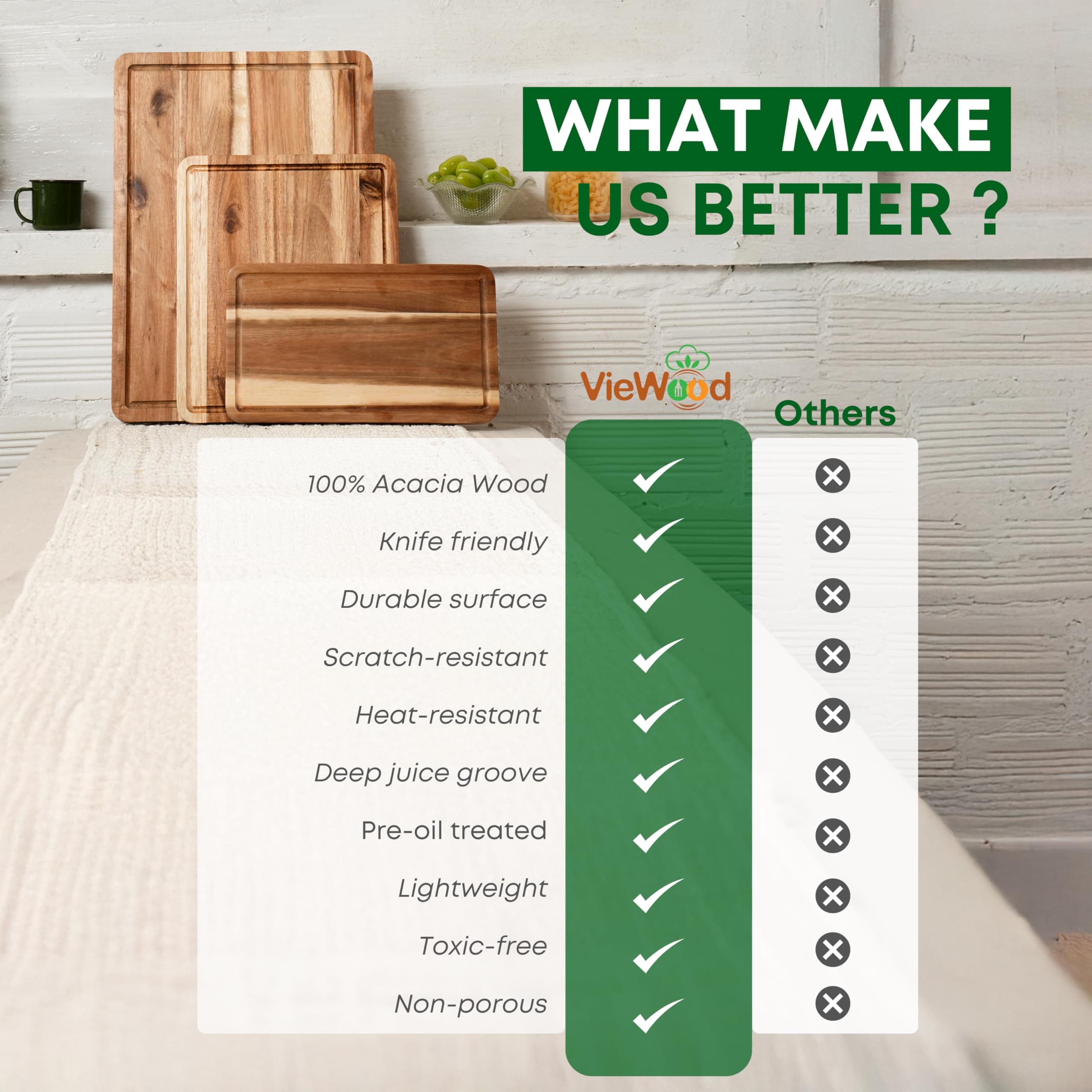 VieWood Acacia Wood Cutting Board Set of 3 - Prep, Serve, Charcuterie - Thumbnail 7