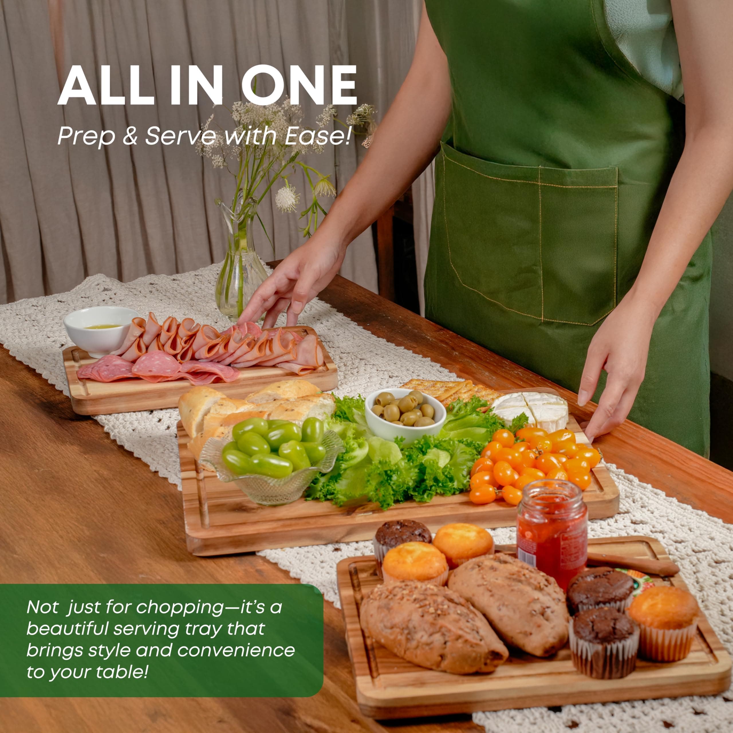 VieWood Acacia Wood Cutting Board Set of 3 - Prep, Serve, Charcuterie - Thumbnail 6