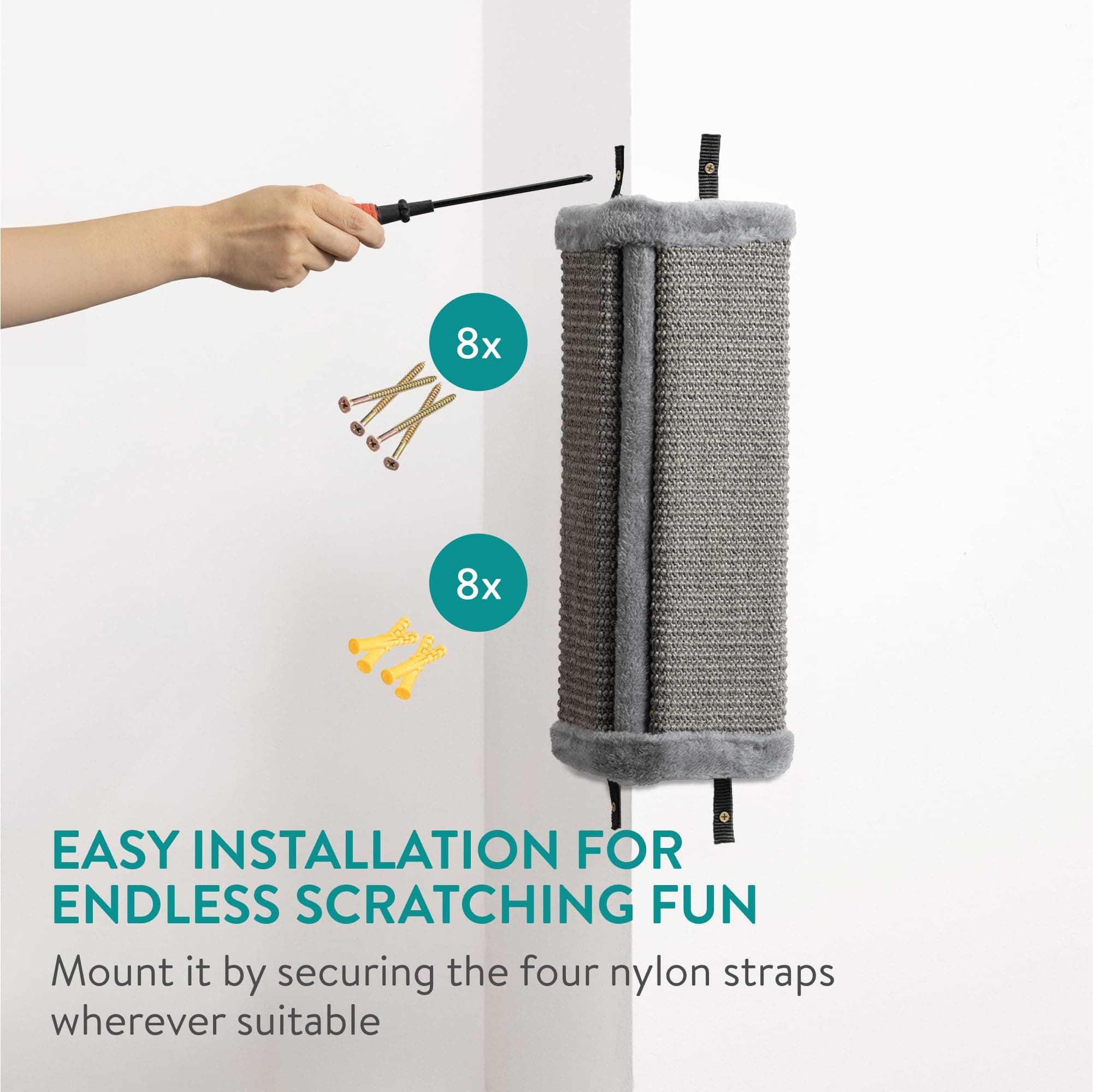 Navaris Wall Mounted Cat Corner Scratcher Set 2 Grey Durable Sisal Wall Mount wi - Thumbnail 5