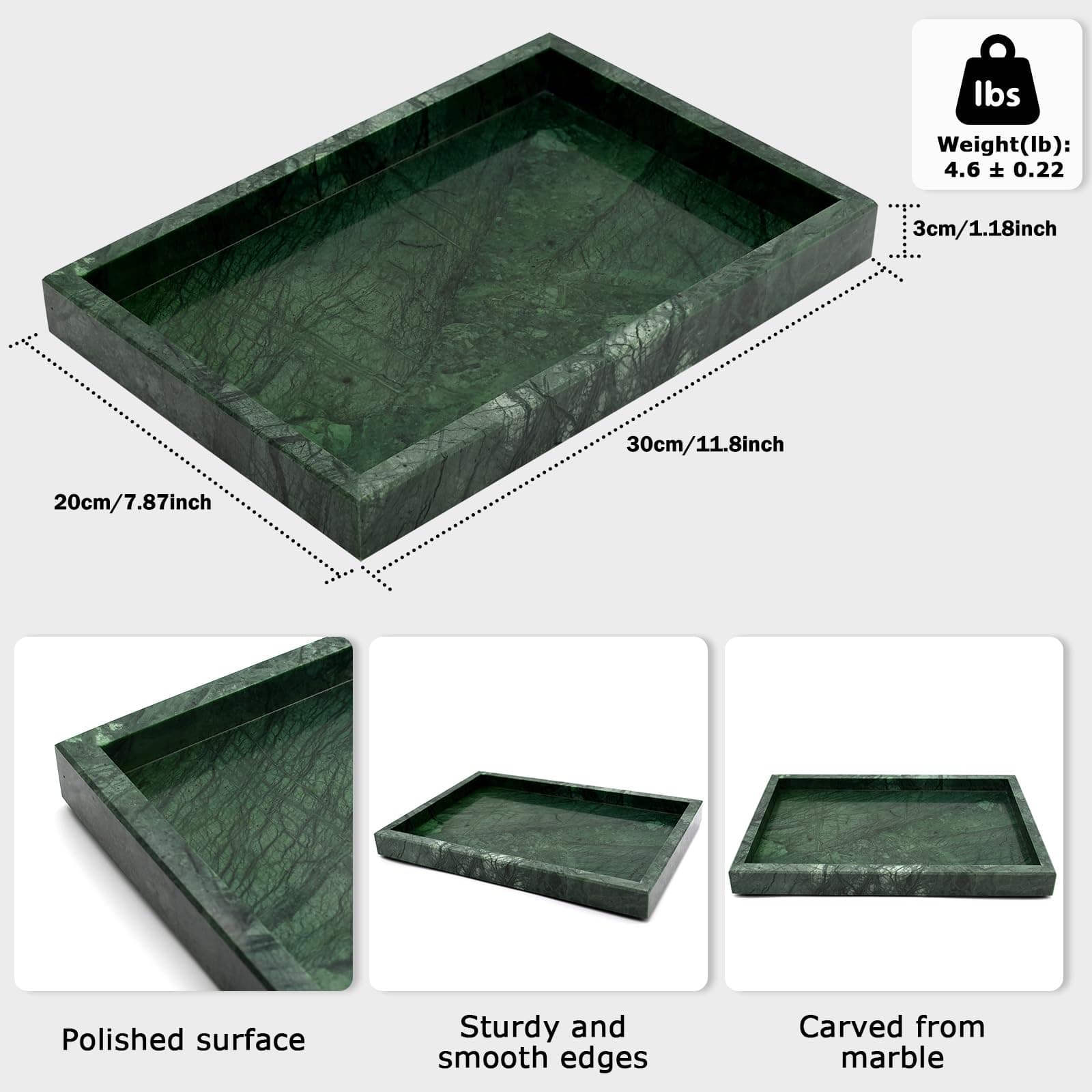 MULWR Green Marble Tray, Pure Natural Vanity Tray, Marble Trays for Kitchen Coun - Thumbnail 2