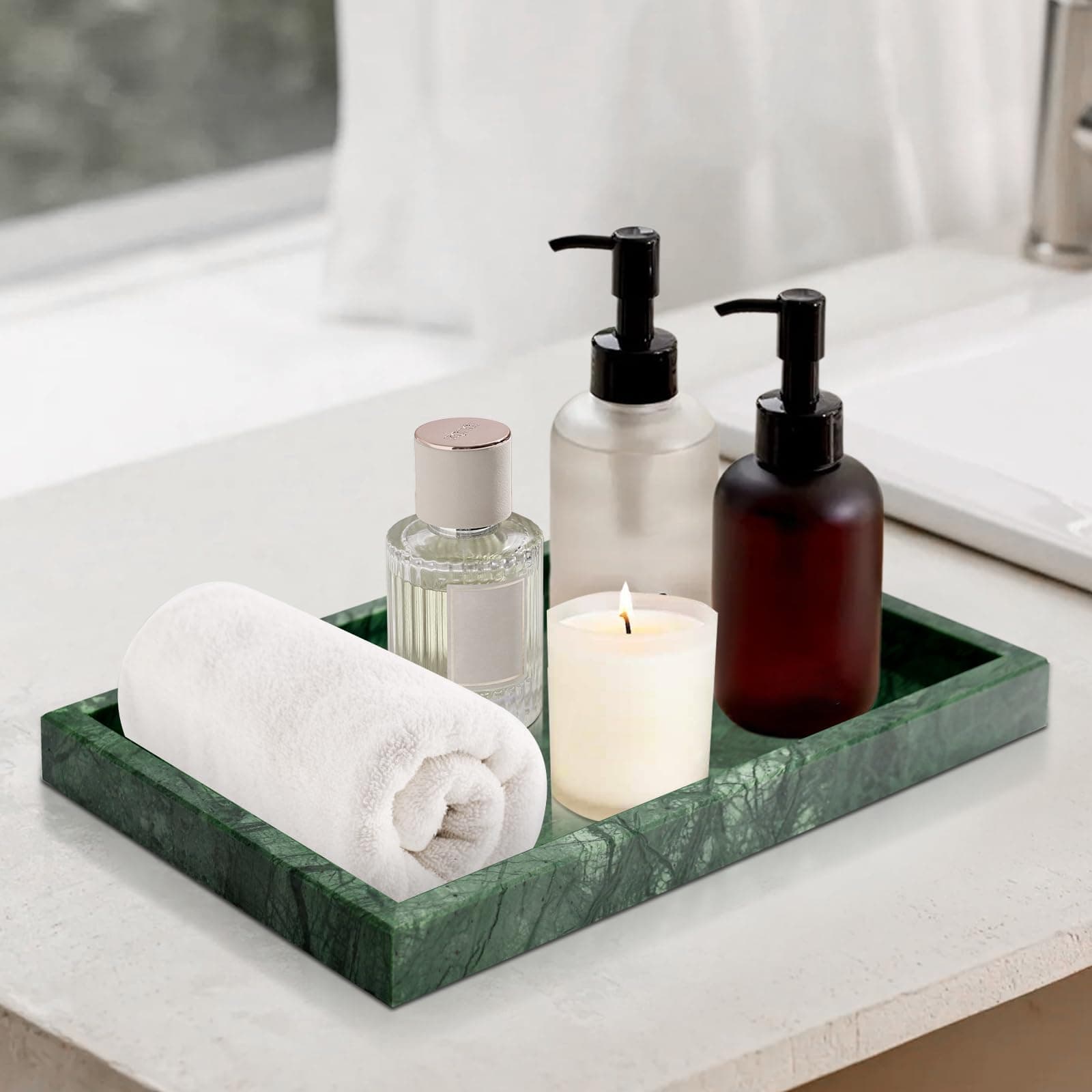 MULWR Green Marble Tray, Pure Natural Vanity Tray, Marble Trays for Kitchen Coun - Thumbnail 6