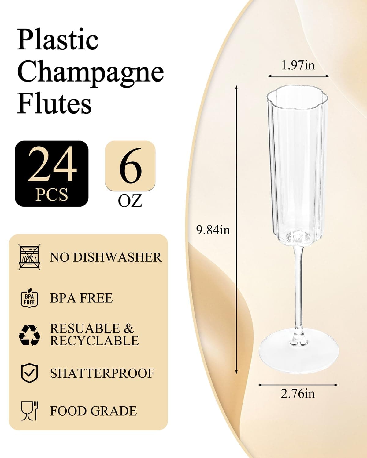 Ciaell 24 Pack Plastic Champagne Flutes - 6 Oz Flower Wavy Champagne Plastic Gla - Thumbnail 2