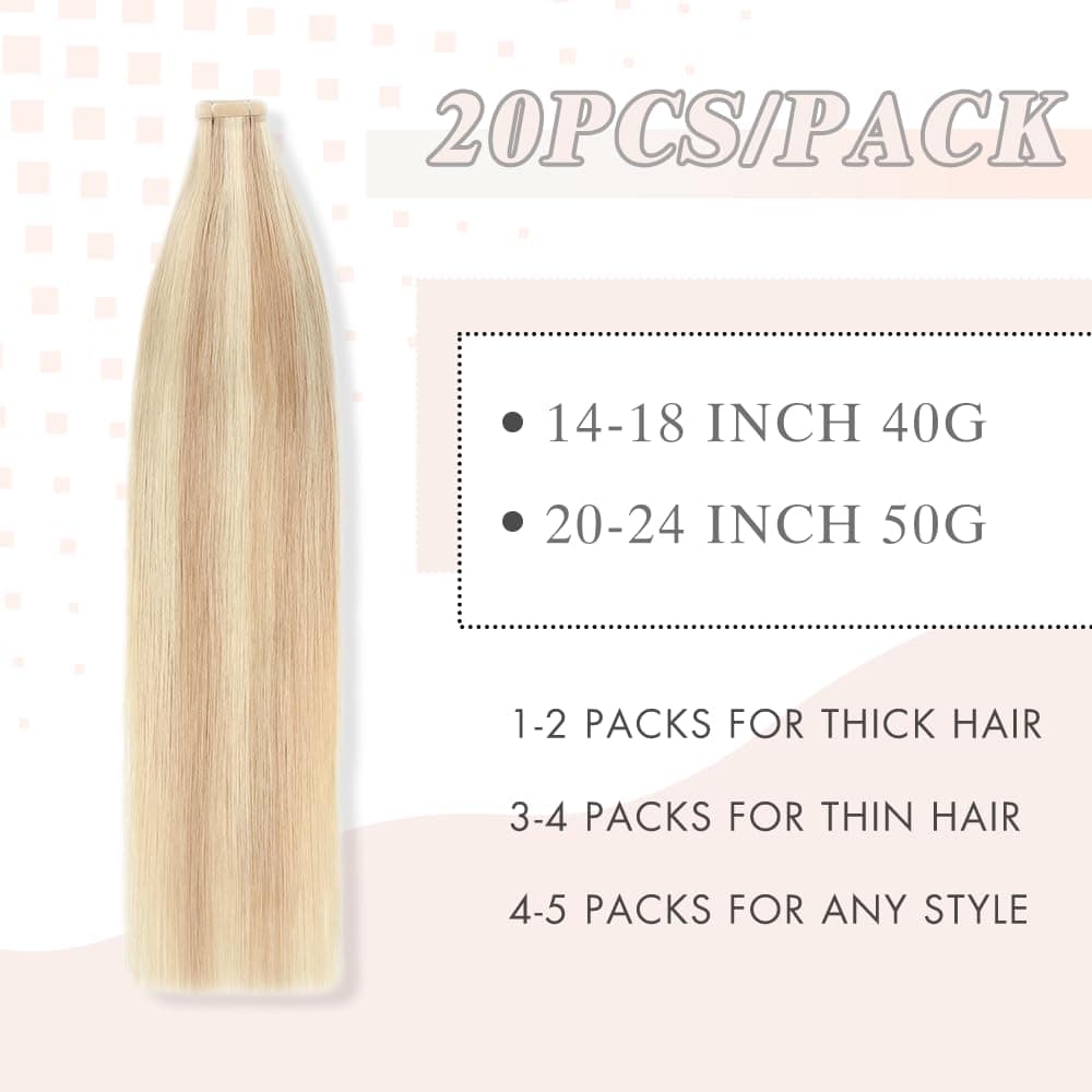 Tape in Human Hair Extensions Ash Blonde Highlighted Bleach Blonde 18 Inch 20pcs - Thumbnail 2