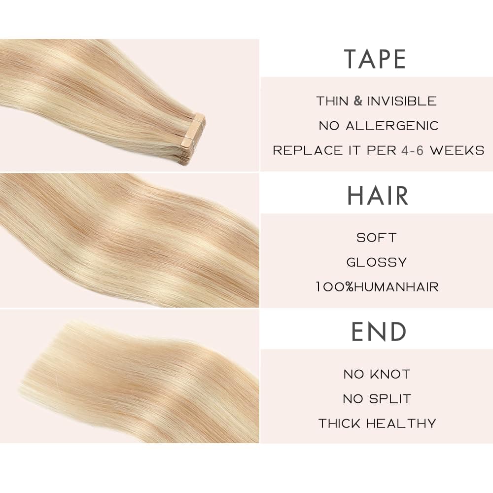 Tape in Human Hair Extensions Ash Blonde Highlighted Bleach Blonde 18 Inch 20pcs - Thumbnail 3