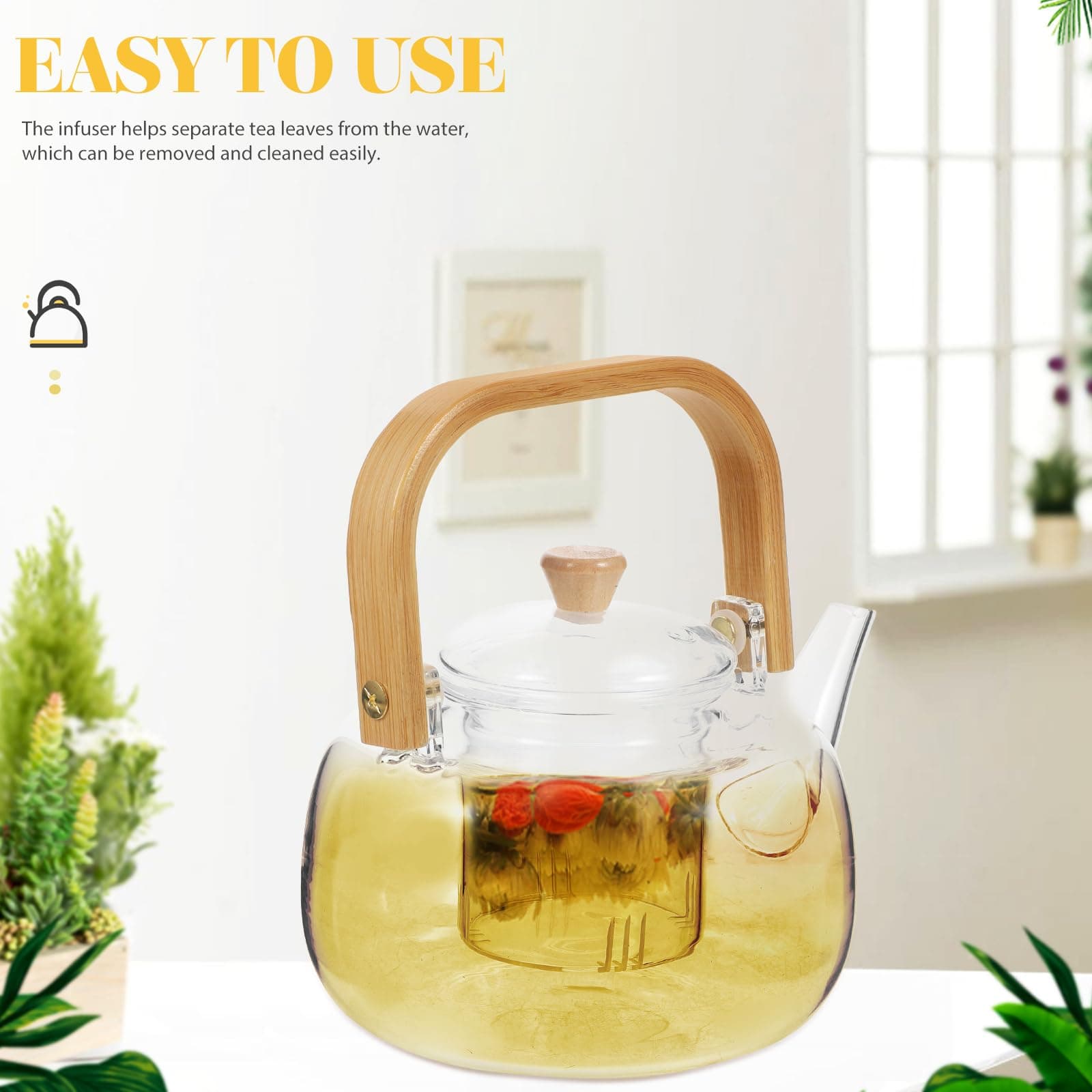 Glass Teapot with Infuser, 34oz Stovetop Safe, Loose Leaf Borosilicate Tea Kettl - Thumbnail 5