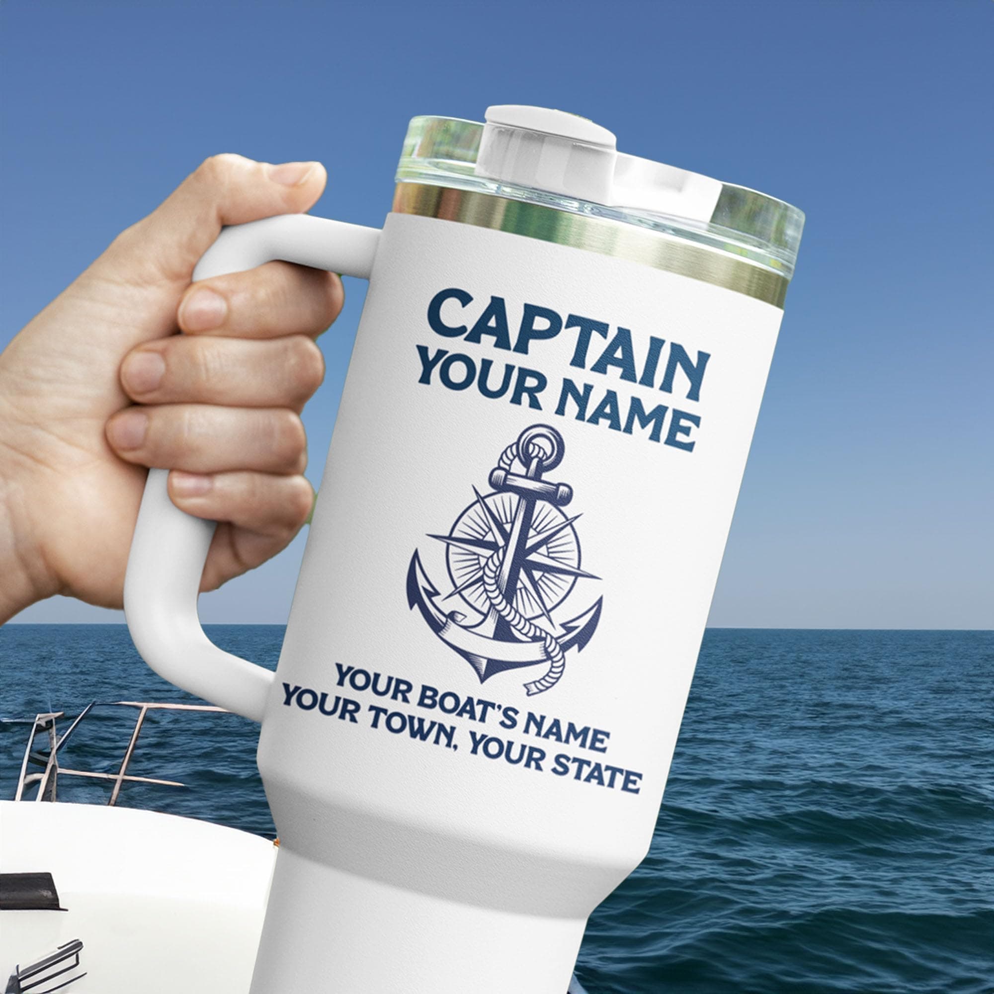 Custom 40oz Boat Tumbler w/ Handle - Anchor/Compass - Captain/First Mate Gift - Thumbnail 2