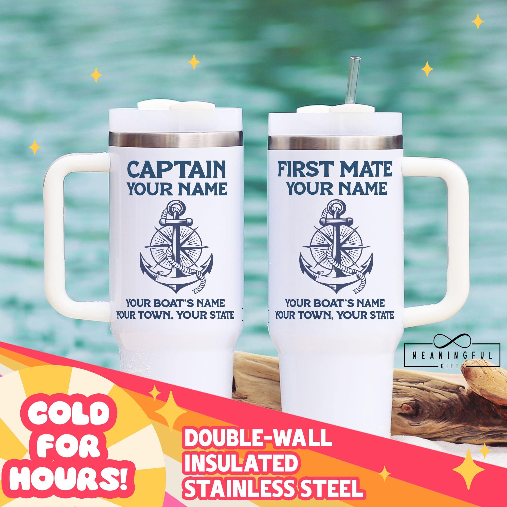 Custom 40oz Boat Tumbler w/ Handle - Anchor/Compass - Captain/First Mate Gift - Thumbnail 3