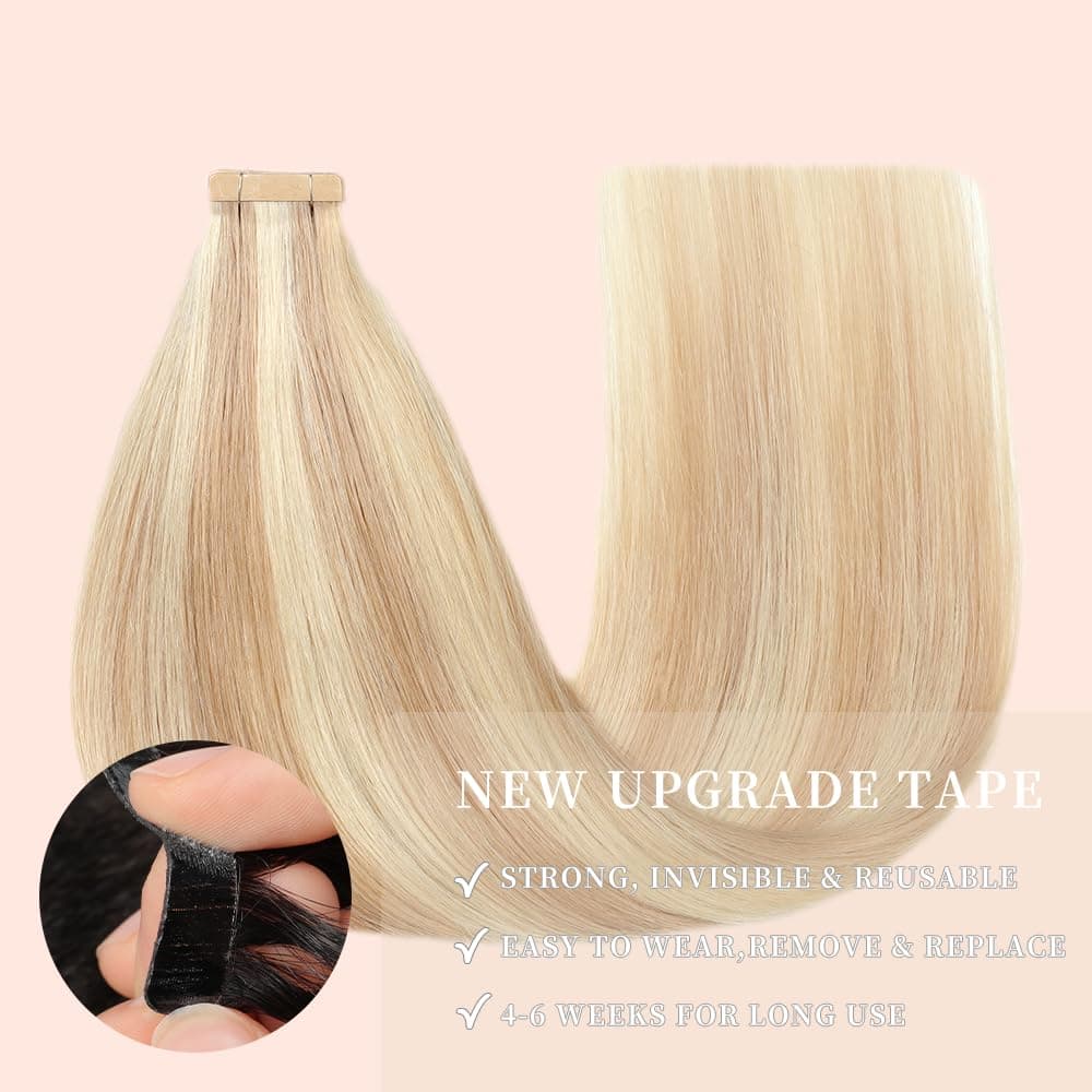 Tape in Human Hair Extensions Ash Blonde Highlighted Bleach Blonde 18 Inch 20pcs - Thumbnail 4