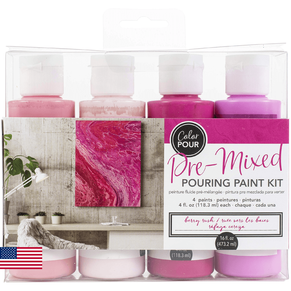 American Crafts Color Pour Pre-Mixed Paint Kit 4/Pkg-Berry Rush - Image 1