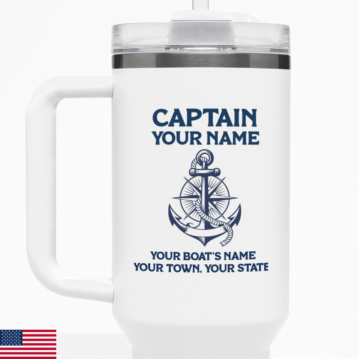 Custom 40oz Boat Tumbler w/ Handle - Anchor/Compass - Captain/First Mate Gift - Image 1