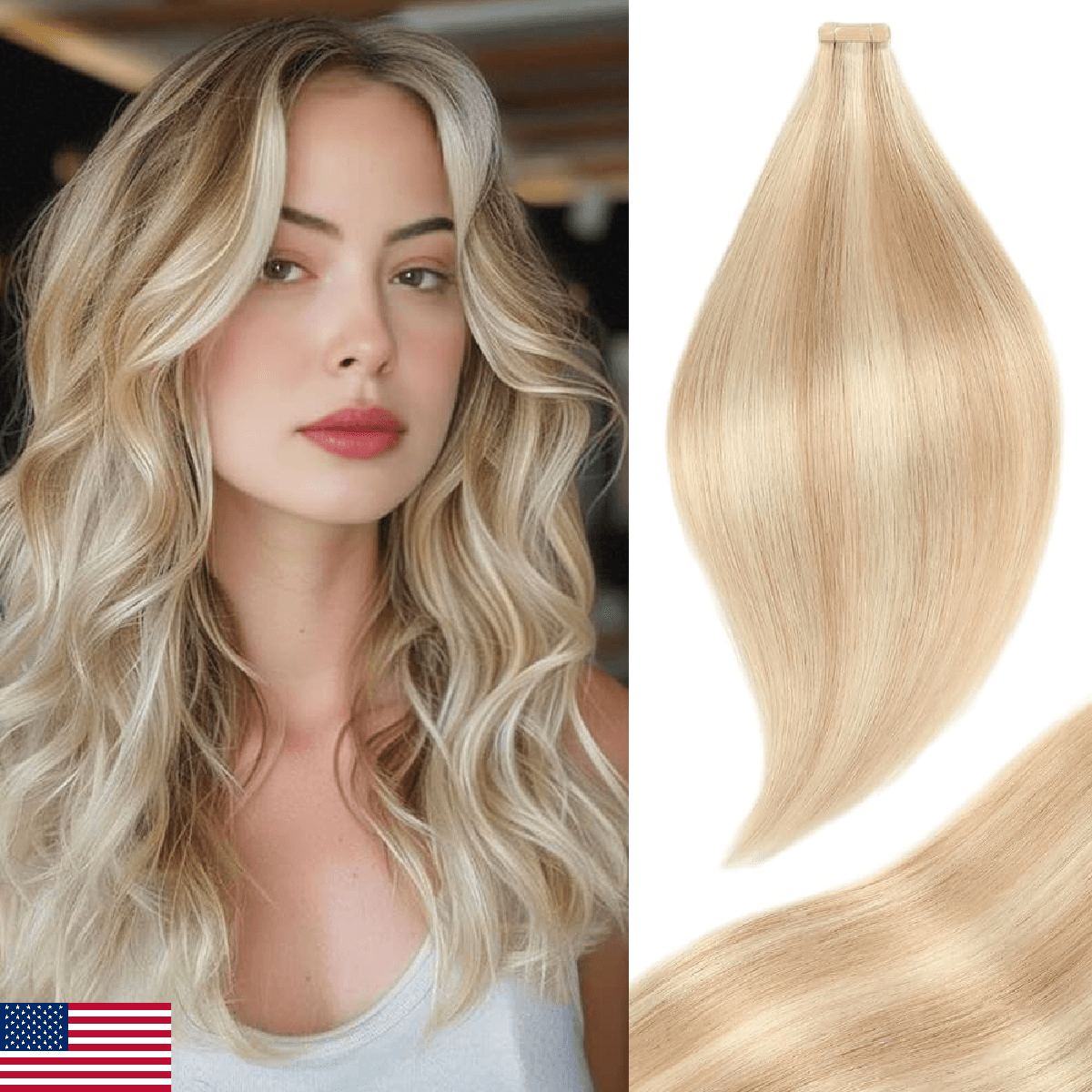 Tape in Human Hair Extensions Ash Blonde Highlighted Bleach Blonde 18 Inch 20pcs - Image 1