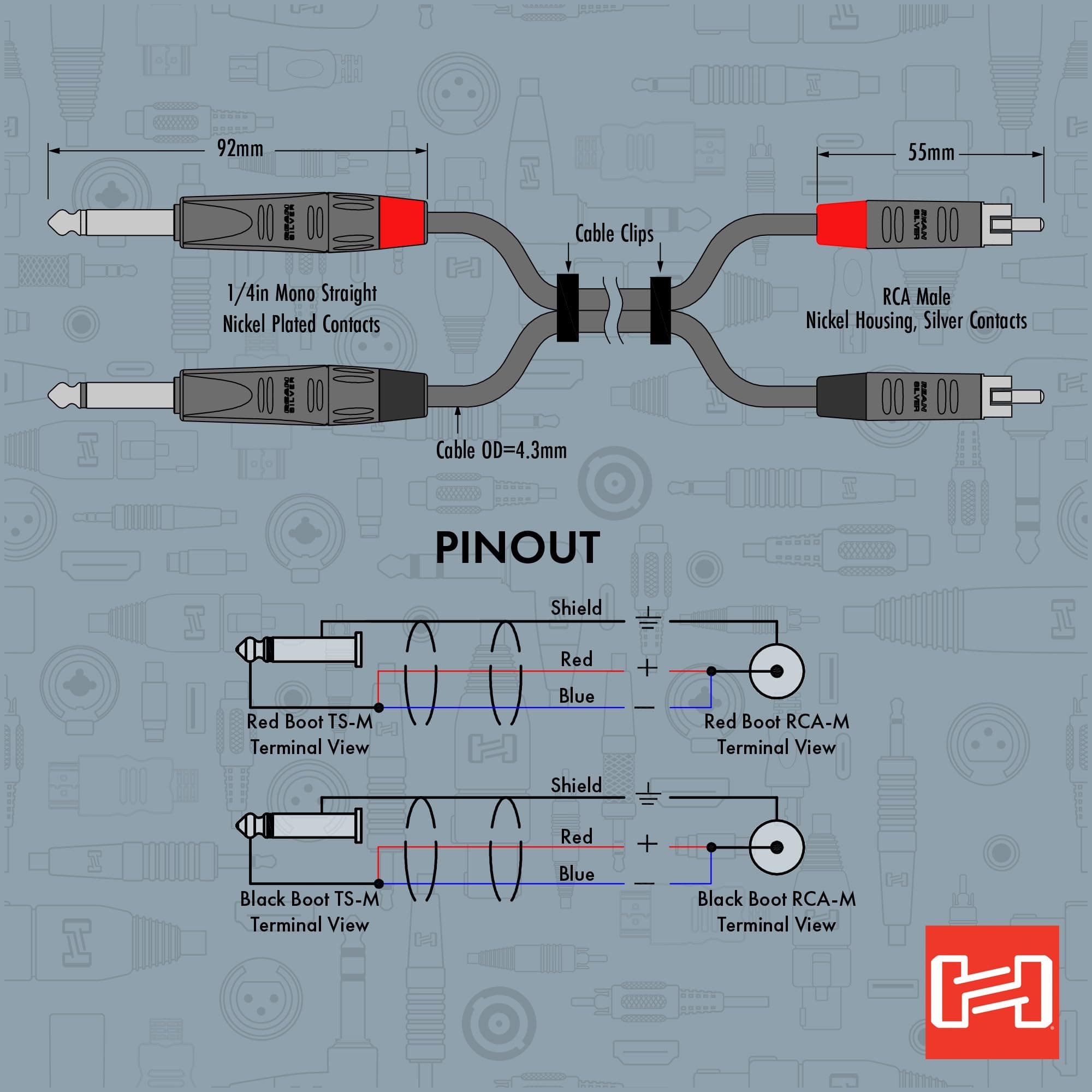 Hosa HPR-003X2 Pro Stereo Interconnect, Dual REAN 1/4 Inch TS to RCA, 3 Feet - Thumbnail 6