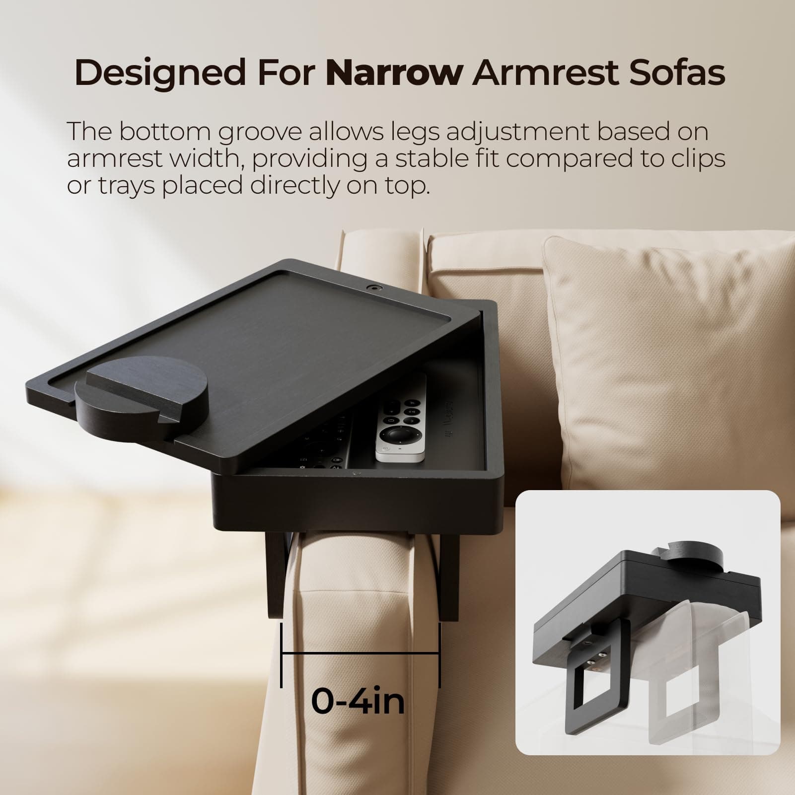 Wealone Mini Black Couch Arm Table for Narrow Armrest, Sofa Arm Tray with Storag - Thumbnail 2