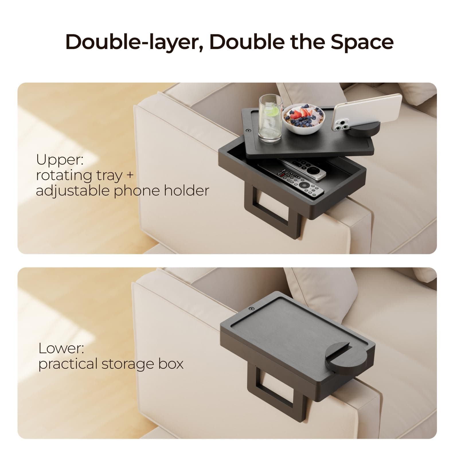 Wealone Mini Black Couch Arm Table for Narrow Armrest, Sofa Arm Tray with Storag - Thumbnail 6