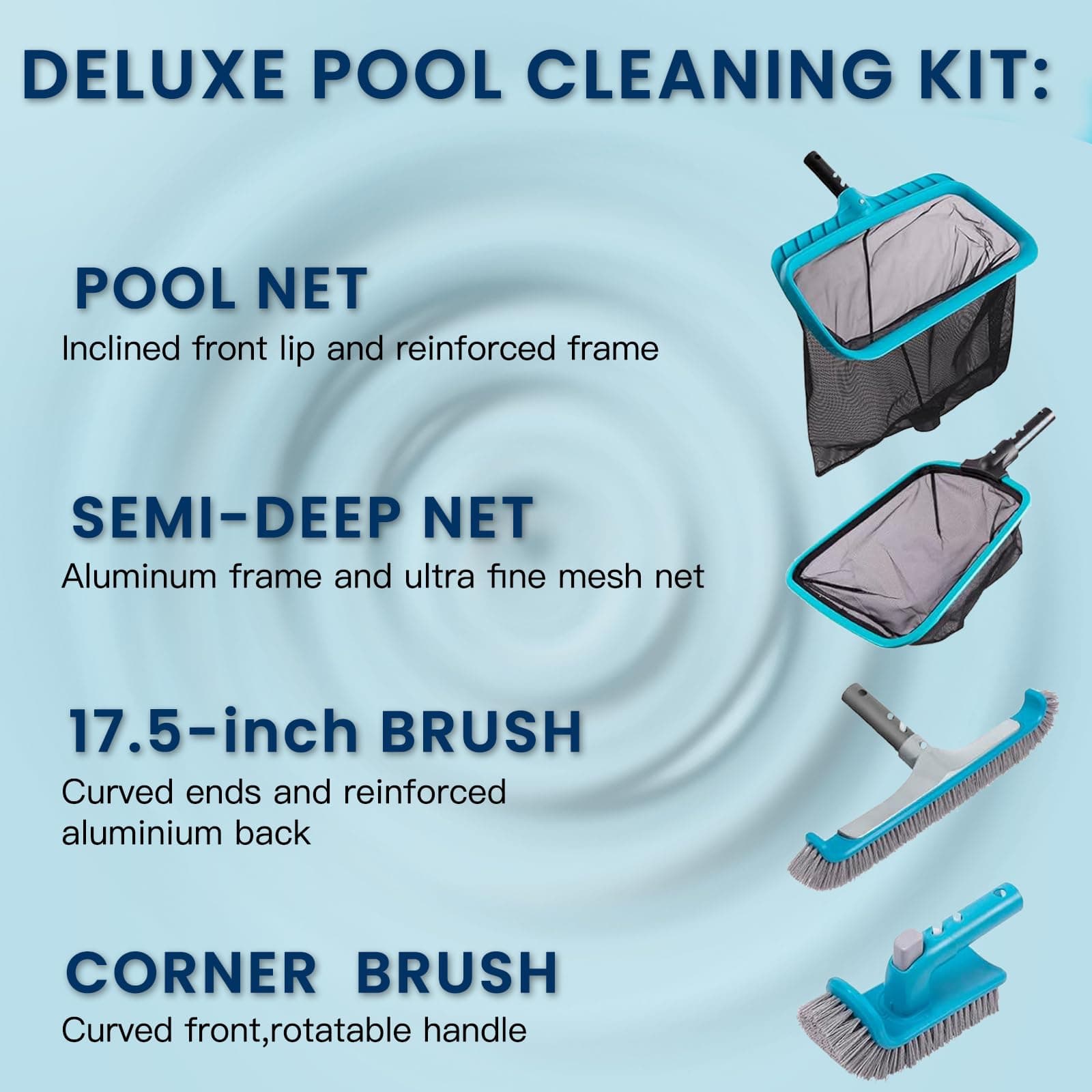 Sepetrel Deluxe Pool Cleaning Kit: 2 Brush Heads, 2 Skimmers - NO Pole - Thumbnail 2