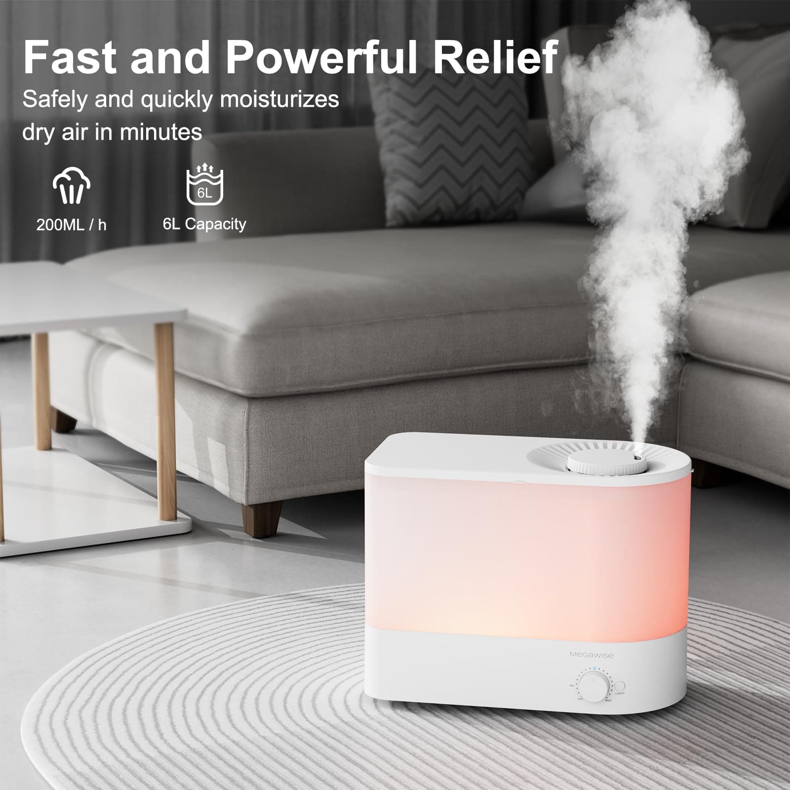 MEGAWISE 2025 Large Capacity Humidifier, 6L Top Fill Design, 50H Runtime, Ultra - Thumbnail 2