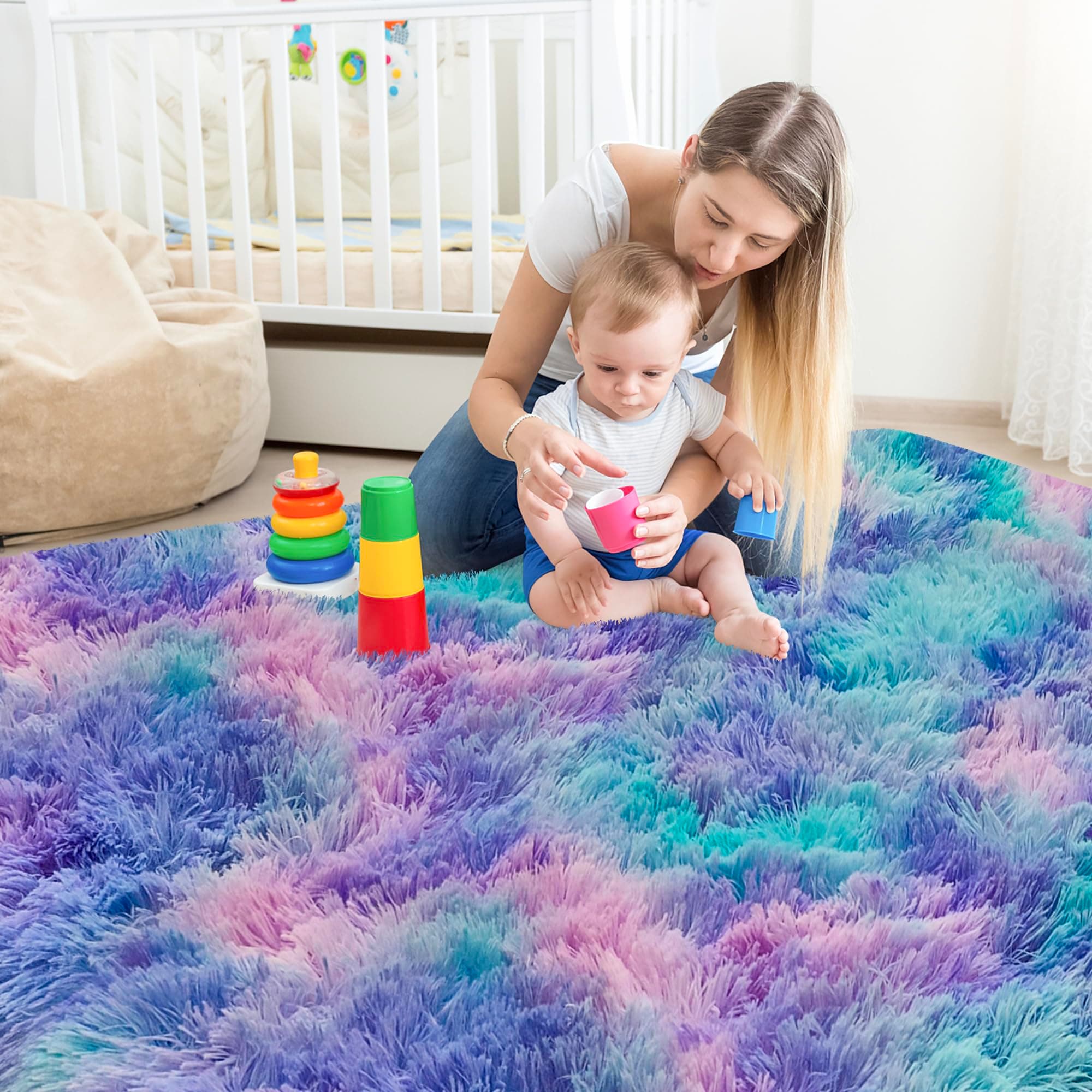 JiaoBaba Tie-Dye Purple Rainbow Rug for Living Room 5x8ft Fluffy Modern Shag Are - Thumbnail 2
