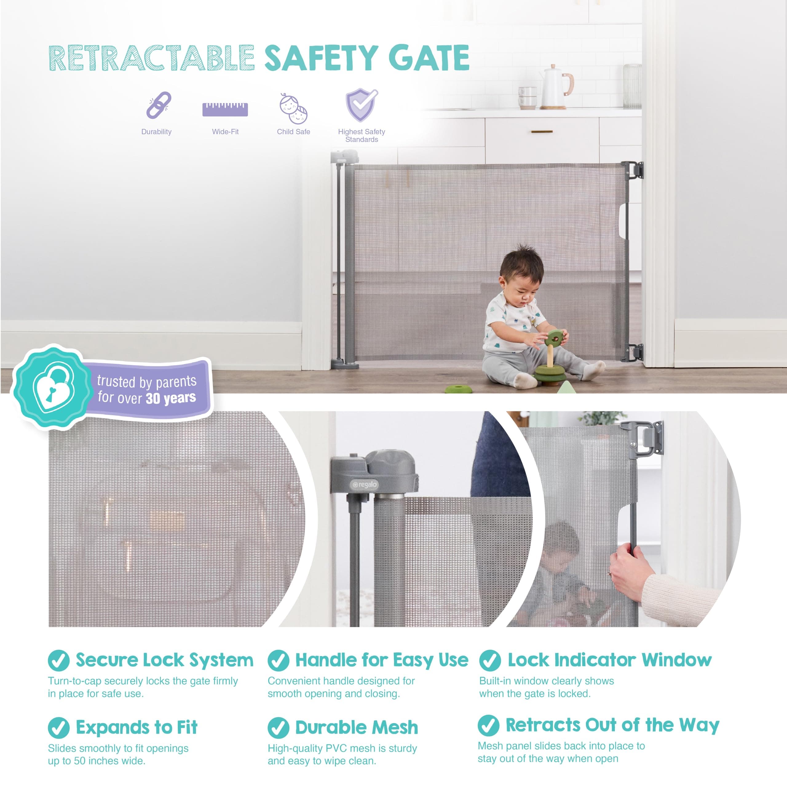 Regalo Safety 50" Extra Wide Retractable Baby Gate, Mesh Safety Gate for Doorway - Thumbnail 3