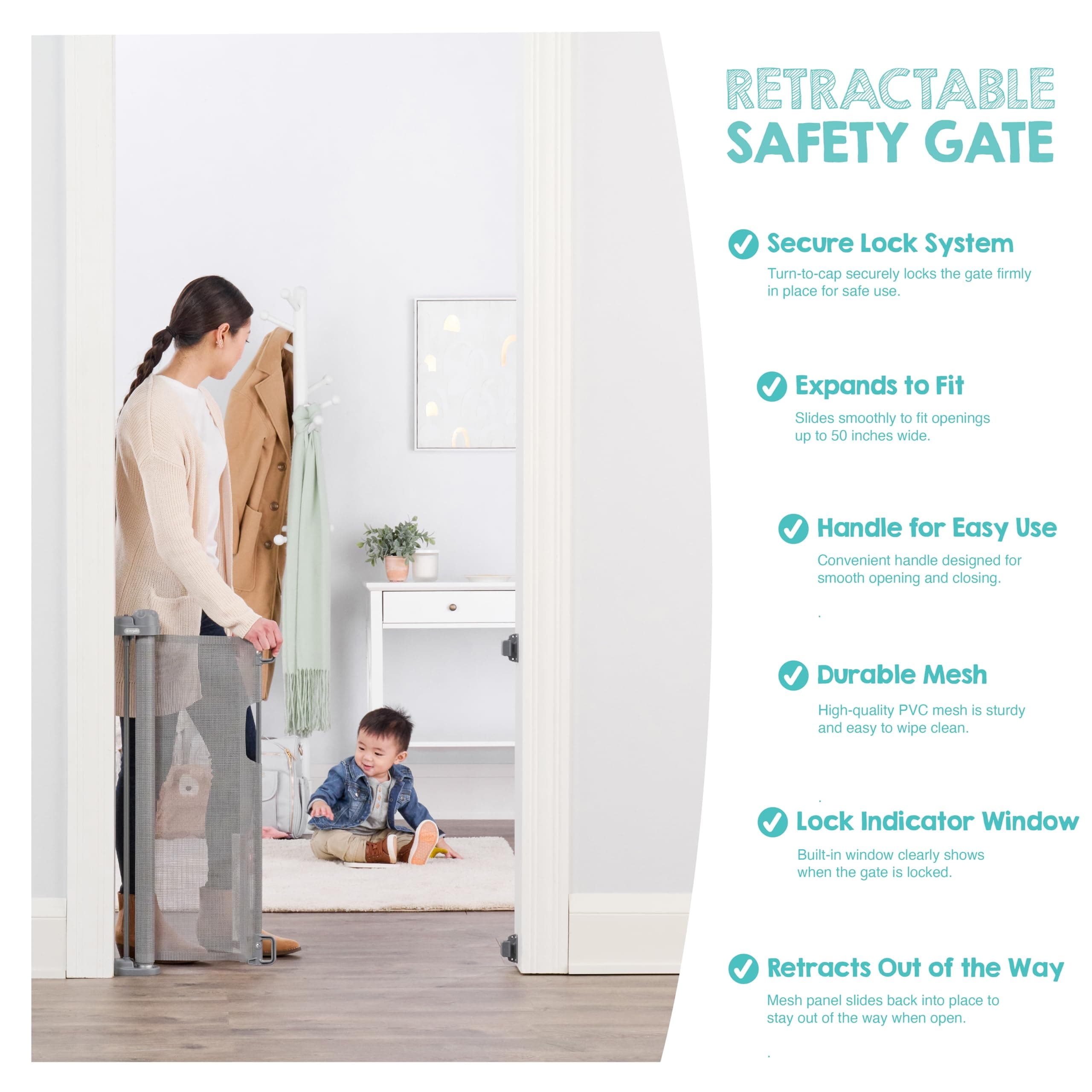 Regalo Safety 50" Extra Wide Retractable Baby Gate, Mesh Safety Gate for Doorway - Thumbnail 4