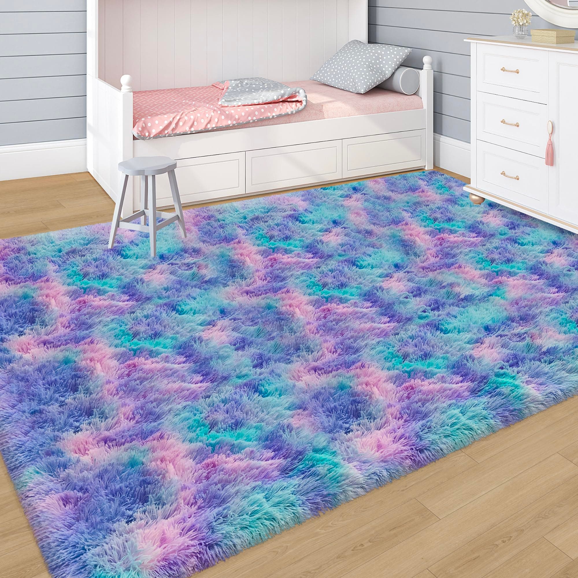 JiaoBaba Tie-Dye Purple Rainbow Rug for Living Room 5x8ft Fluffy Modern Shag Are - Thumbnail 3