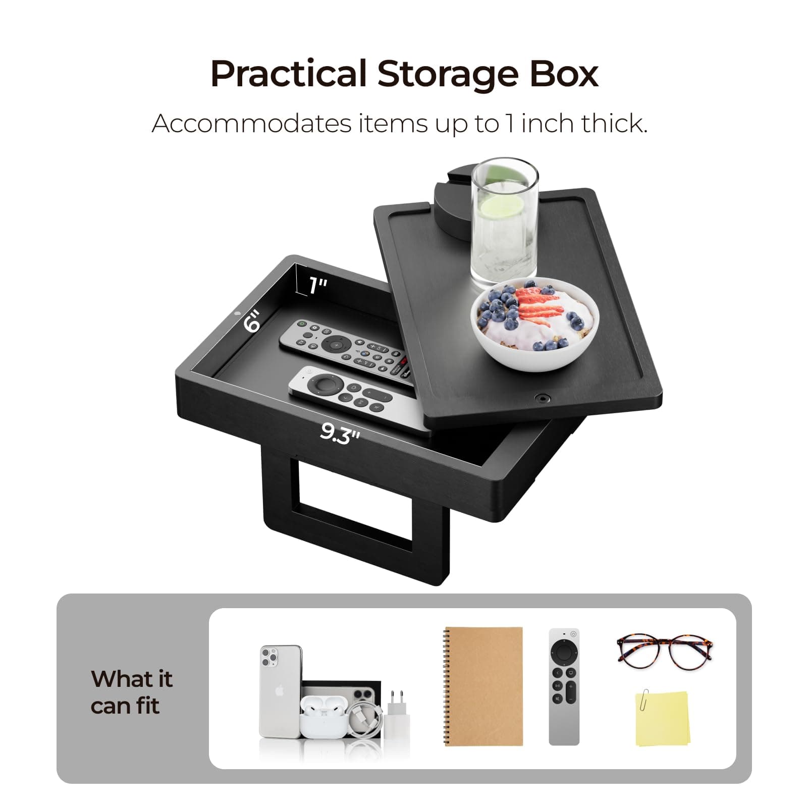 Wealone Mini Black Couch Arm Table for Narrow Armrest, Sofa Arm Tray with Storag - Thumbnail 8