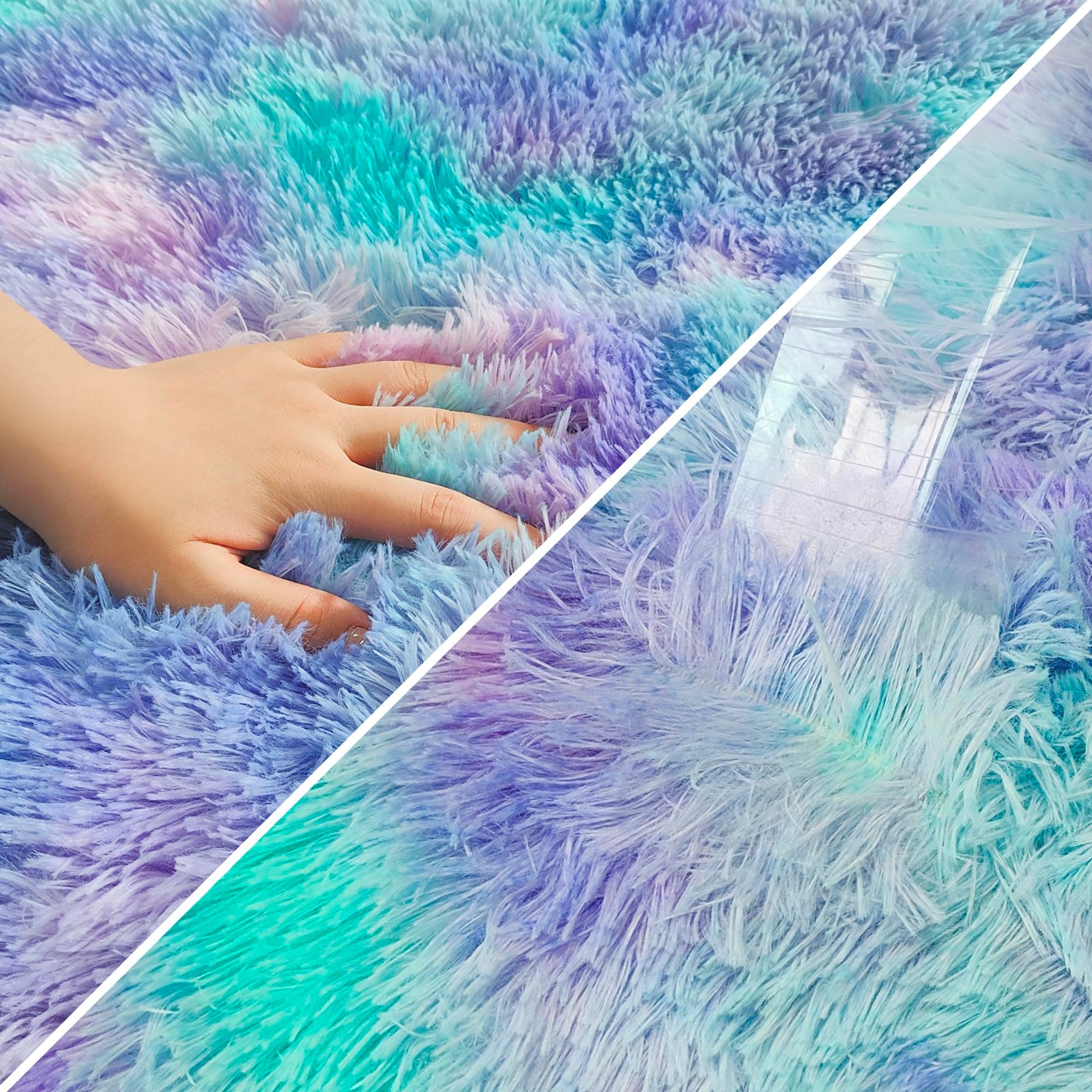 JiaoBaba Tie-Dye Purple Rainbow Rug for Living Room 5x8ft Fluffy Modern Shag Are - Thumbnail 6