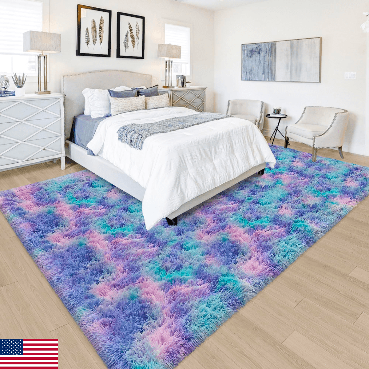 JiaoBaba Tie-Dye Purple Rainbow Rug for Living Room 5x8ft Fluffy Modern Shag Are - Image 1