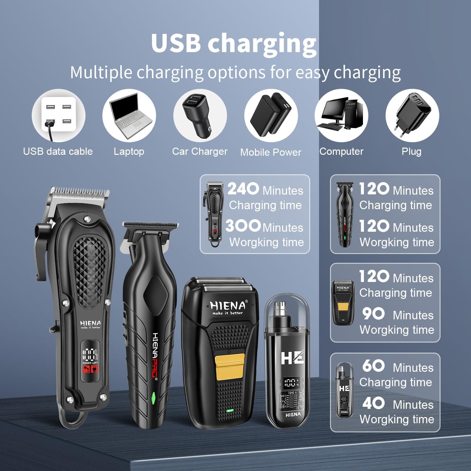 HIENA PRO Professional Hair Clipper Set for Men, Cordless Barber Clippers Set an - Thumbnail 5